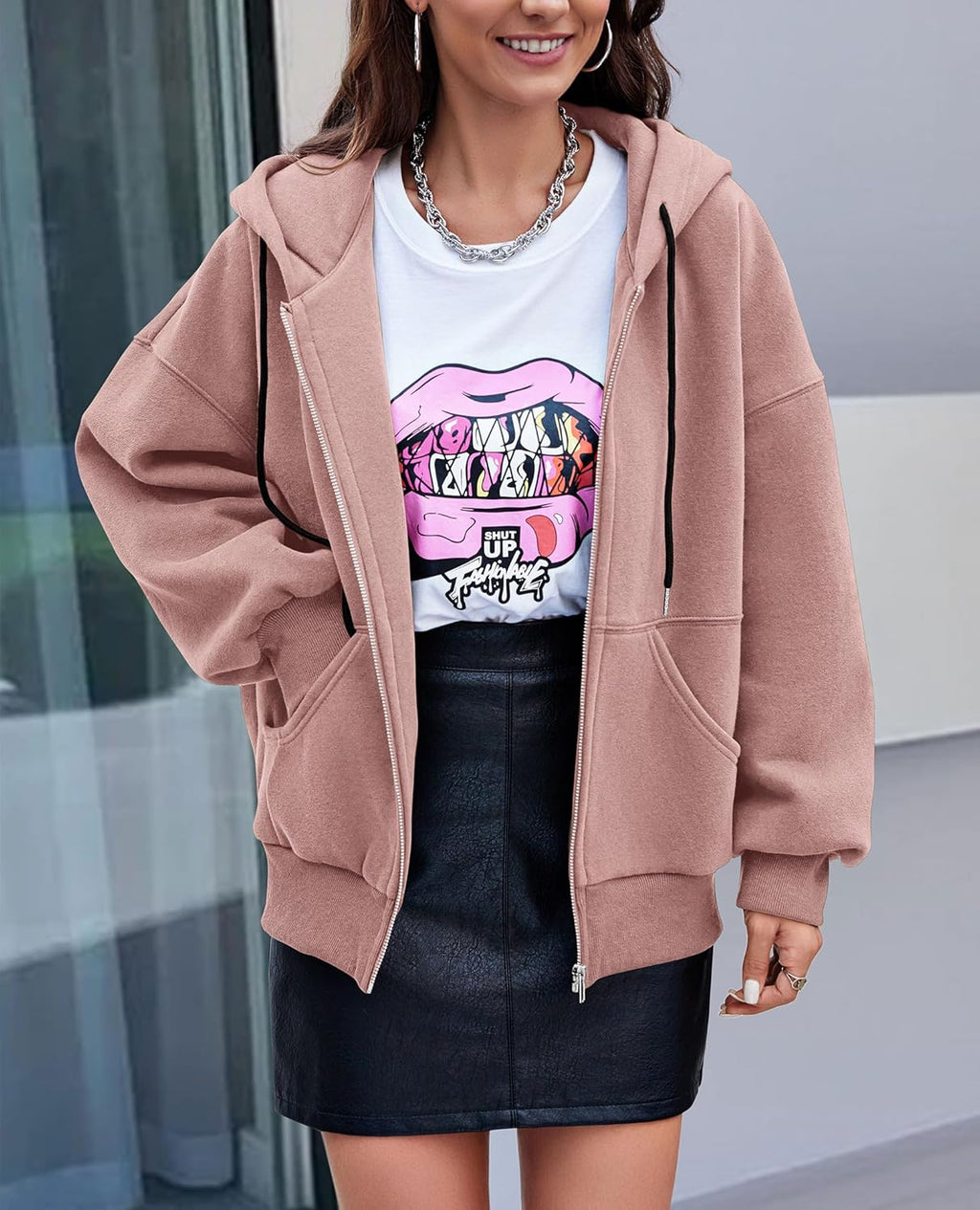 Women's 2025 Fall Oversized Hoodies Sweatshirt Long Sleeve Zip Up Pockets Loose Fit Y2K Winter Jackets Coat