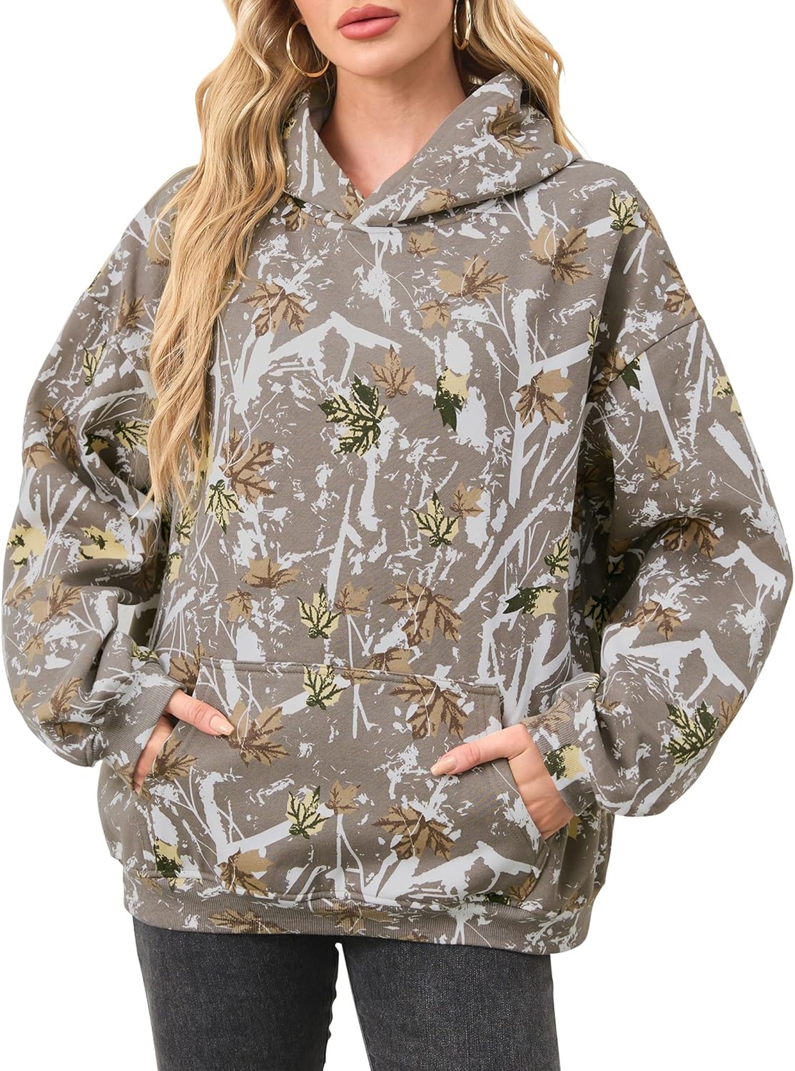 Womens Camo Hoodies Maple Leaf Print Oversized Hooded Sweatshirt Fleece Pullover Sweatshirts Long Sleeve with Pocket