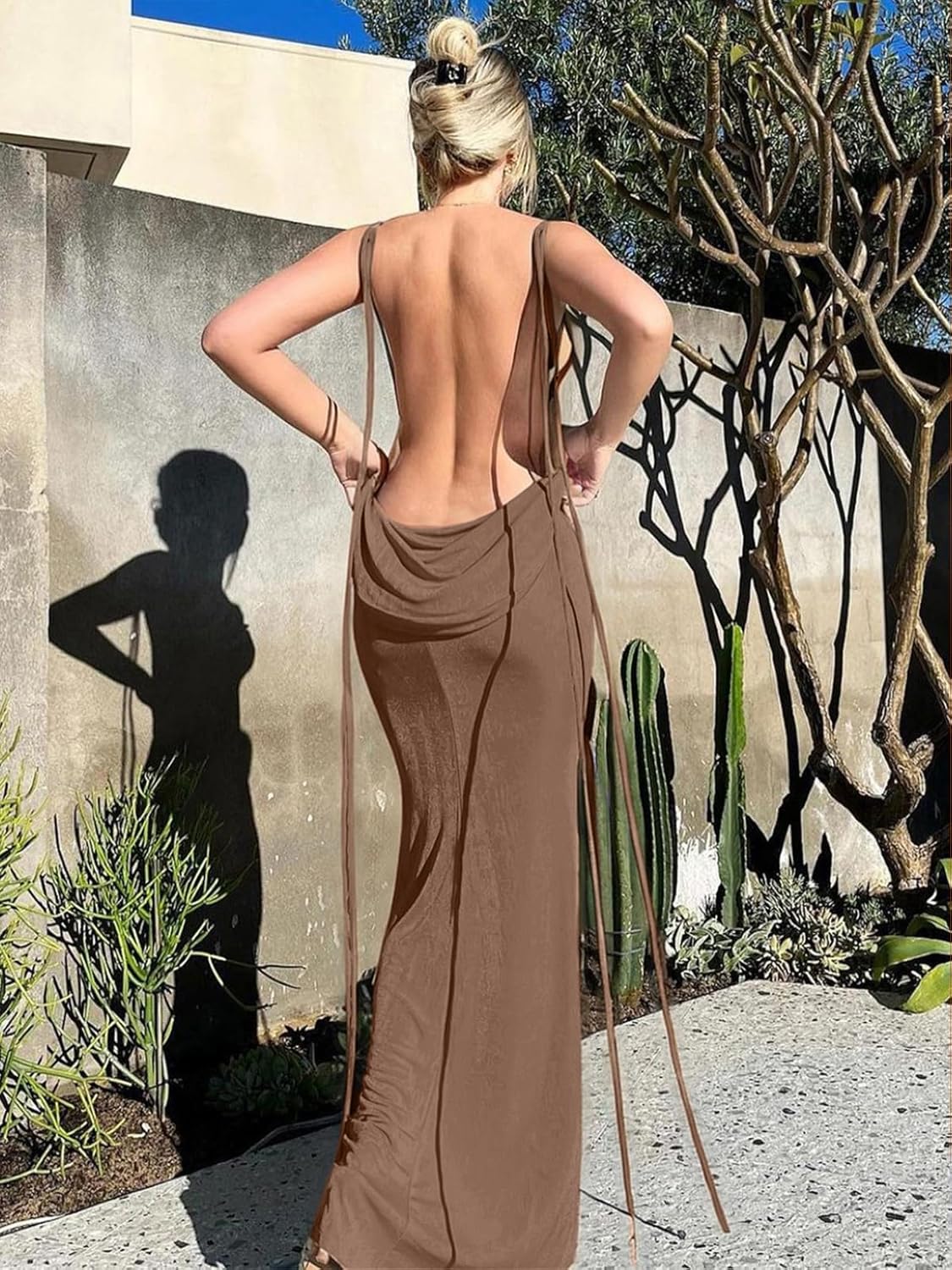 Slip Bodycon Dresses for Women Spaghetti Strap Lace Up Backless Cowl Neck Maxi Mermaid Cocktail Party Dress