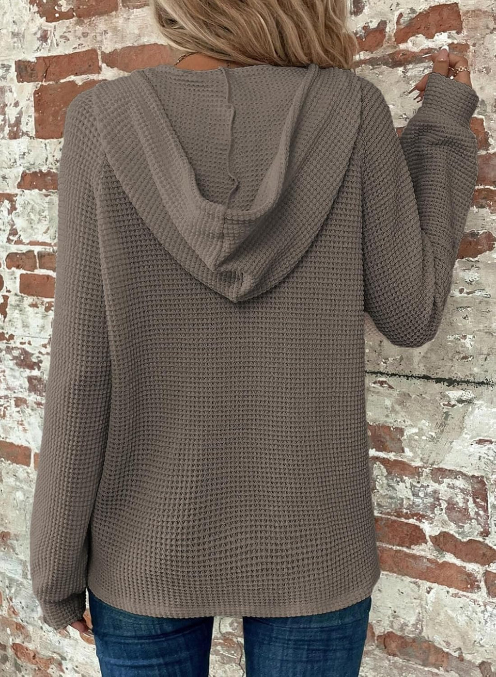 Hoodies for Women Waffle Knit Long Sleeve Drawstring Button V Neck Casual Pullover Sweatshirt Hooded Tops