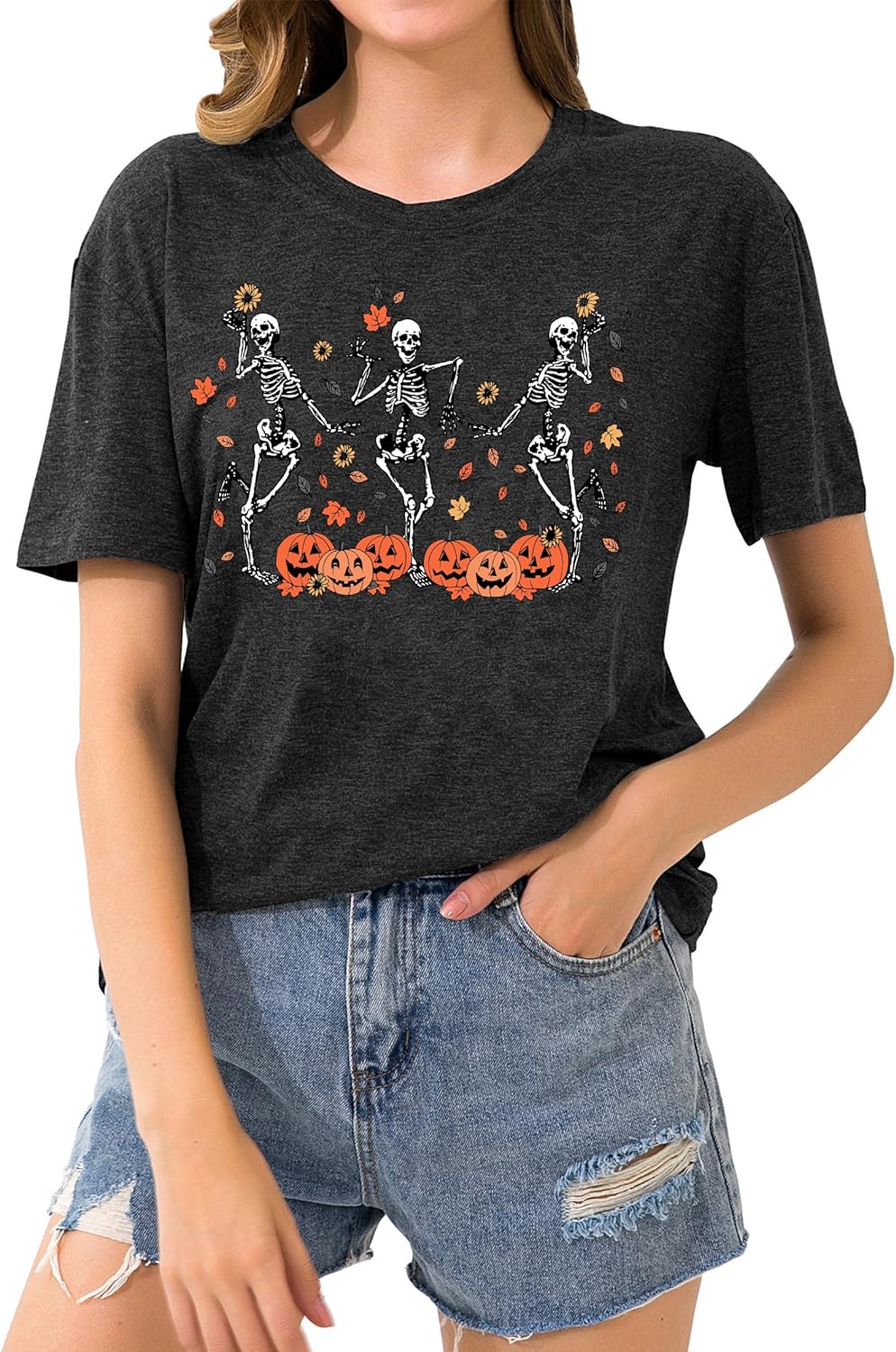 Dancing Skeleton Shirt for Women Happy Halloween T-Shirt Funny Skeleton Graphic Tees Tops Blouse Gift
