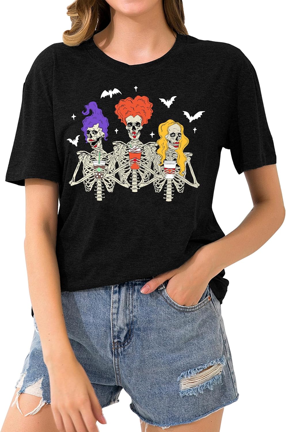 Dancing Skeleton Shirt for Women Happy Halloween T-Shirt Funny Skeleton Graphic Tees Tops Blouse Gift