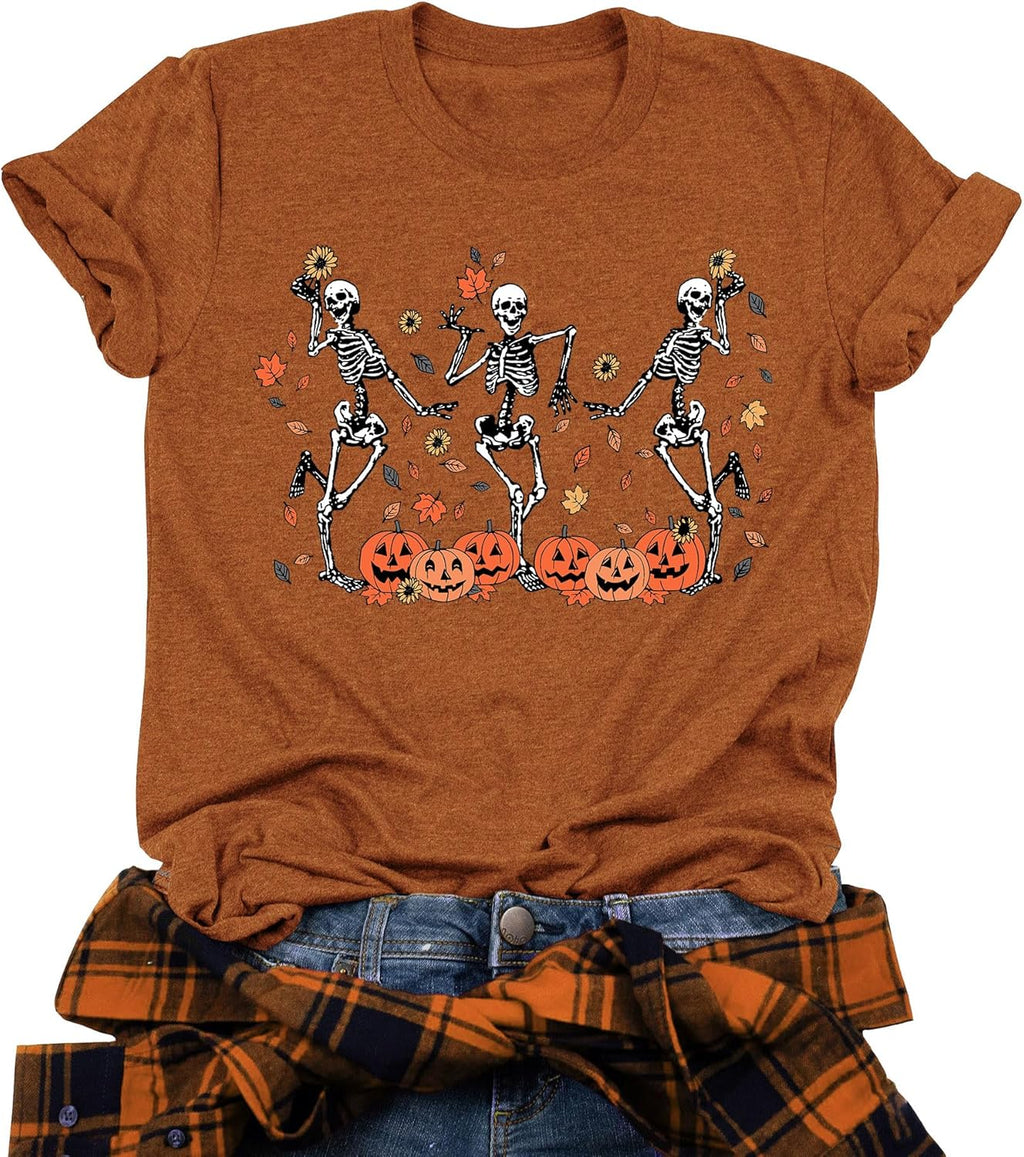Dancing Skeleton Shirt for Women Happy Halloween T-Shirt Funny Skeleton Graphic Tees Tops Blouse Gift