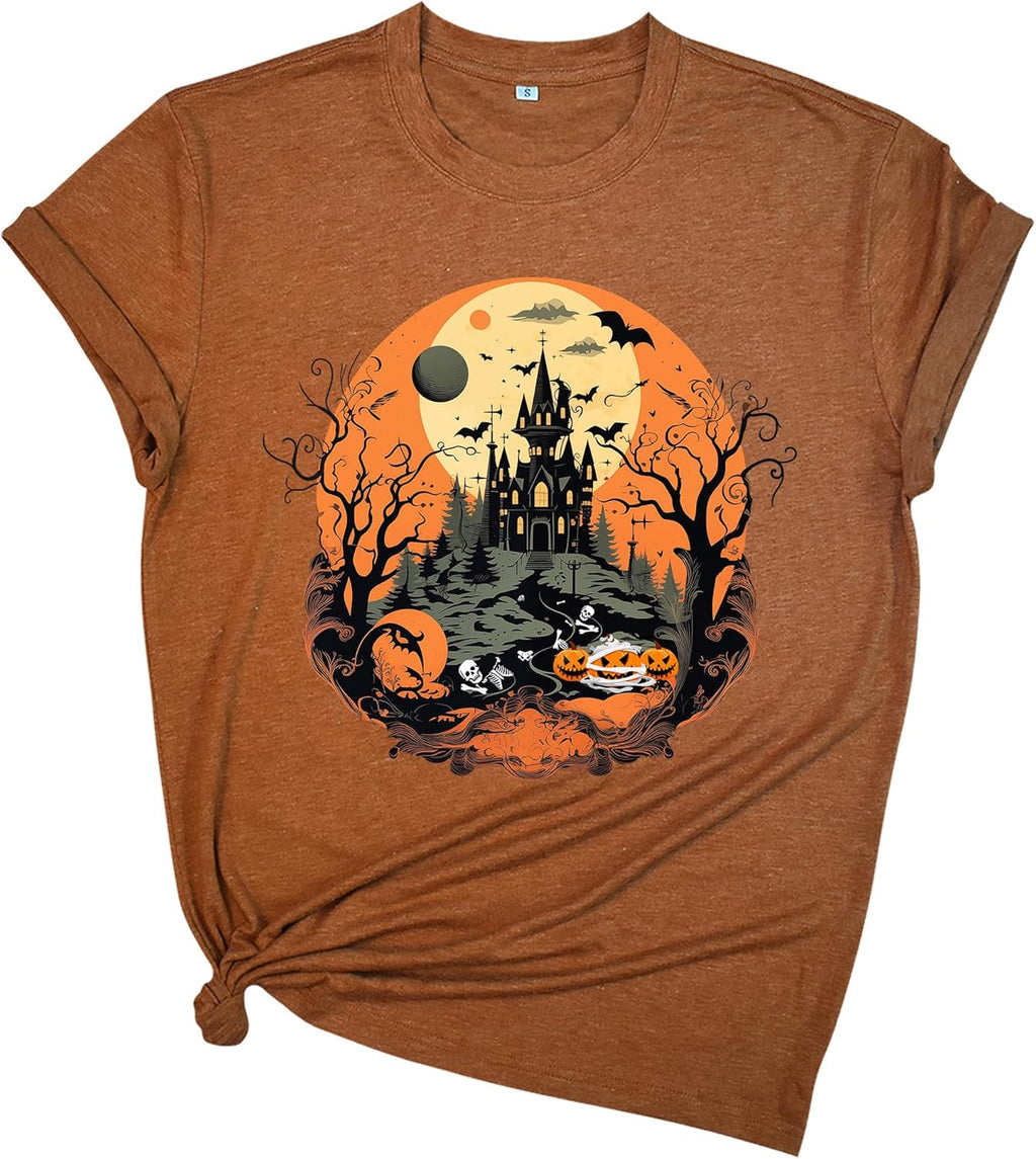 Halloween Shirts for Women: Castle Pumpkin Pattern Halloween Party Short Sleeve Costumes Crewneck T-Shirt