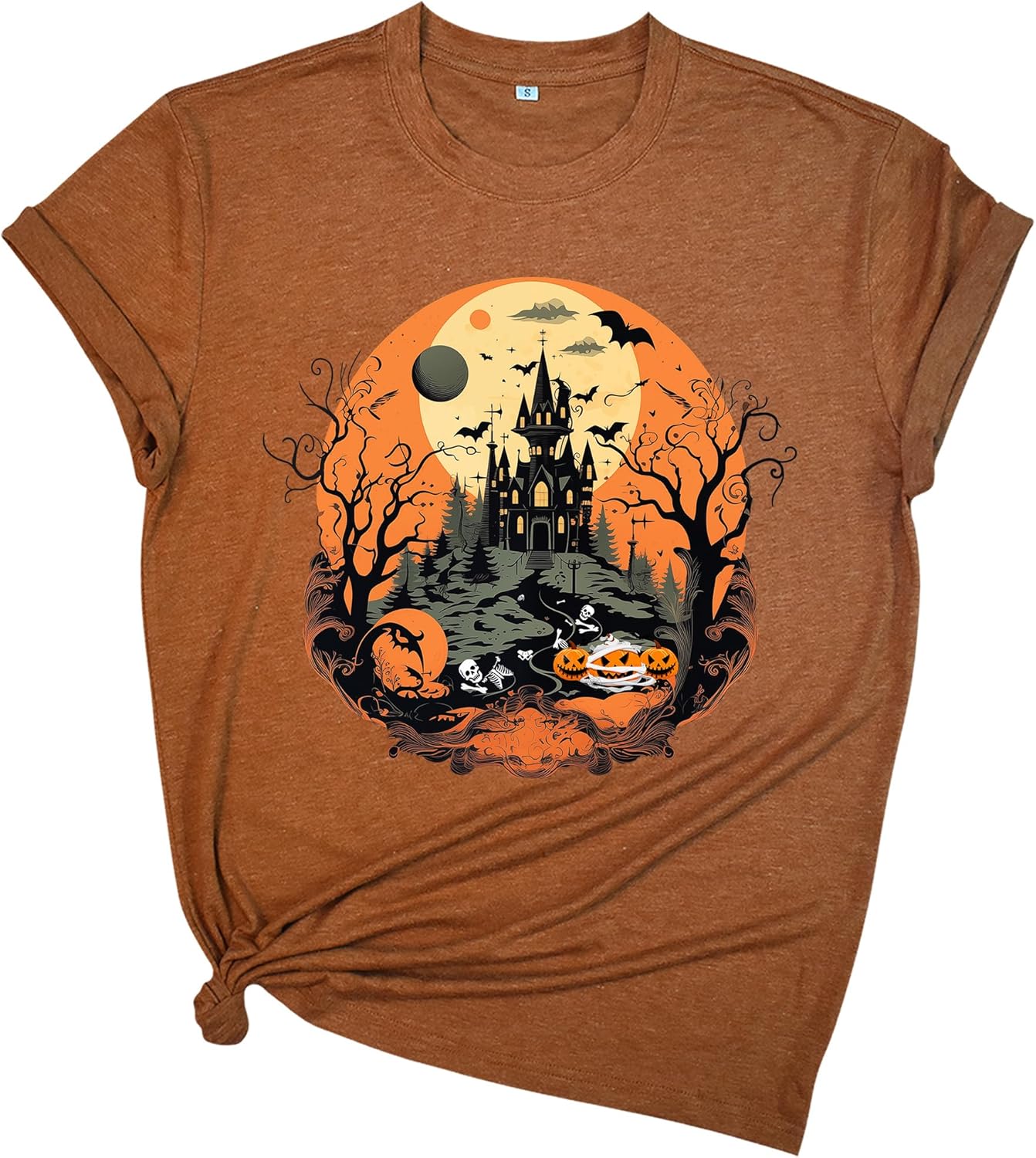 Halloween Shirts for Women: Castle Pumpkin Pattern Halloween Party Short Sleeve Costumes Crewneck T-Shirt