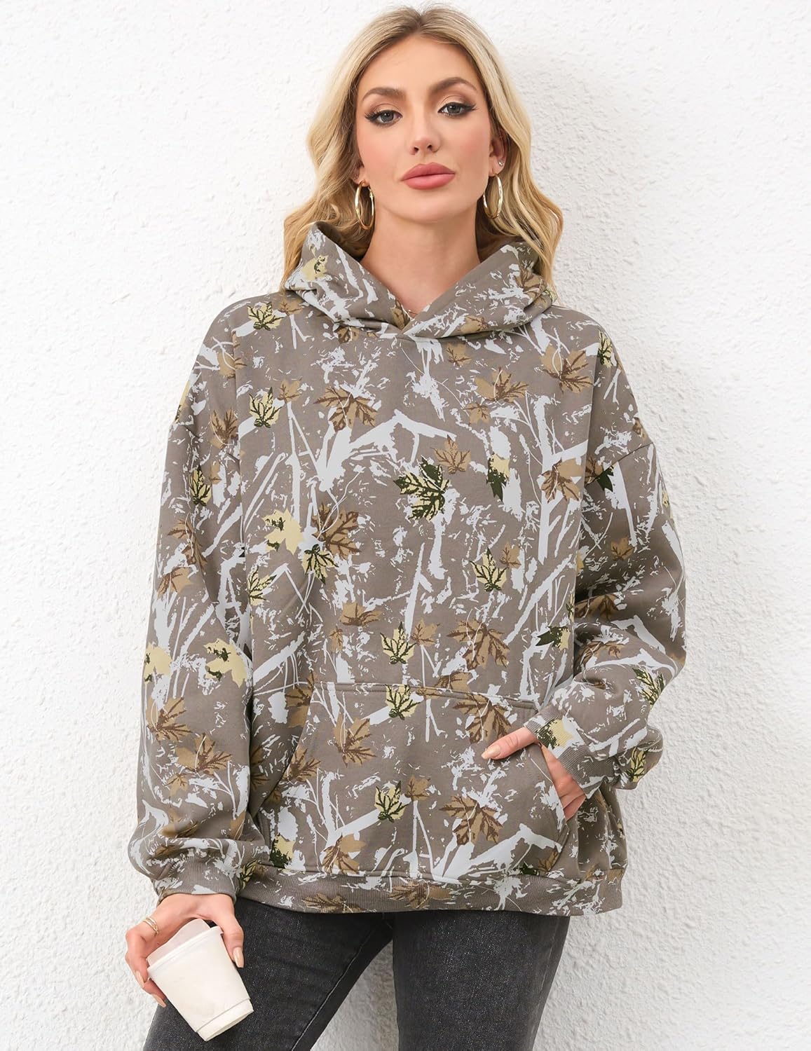 Womens Camo Hoodies Maple Leaf Print Oversized Hooded Sweatshirt Fleece Pullover Sweatshirts Long Sleeve with Pocket