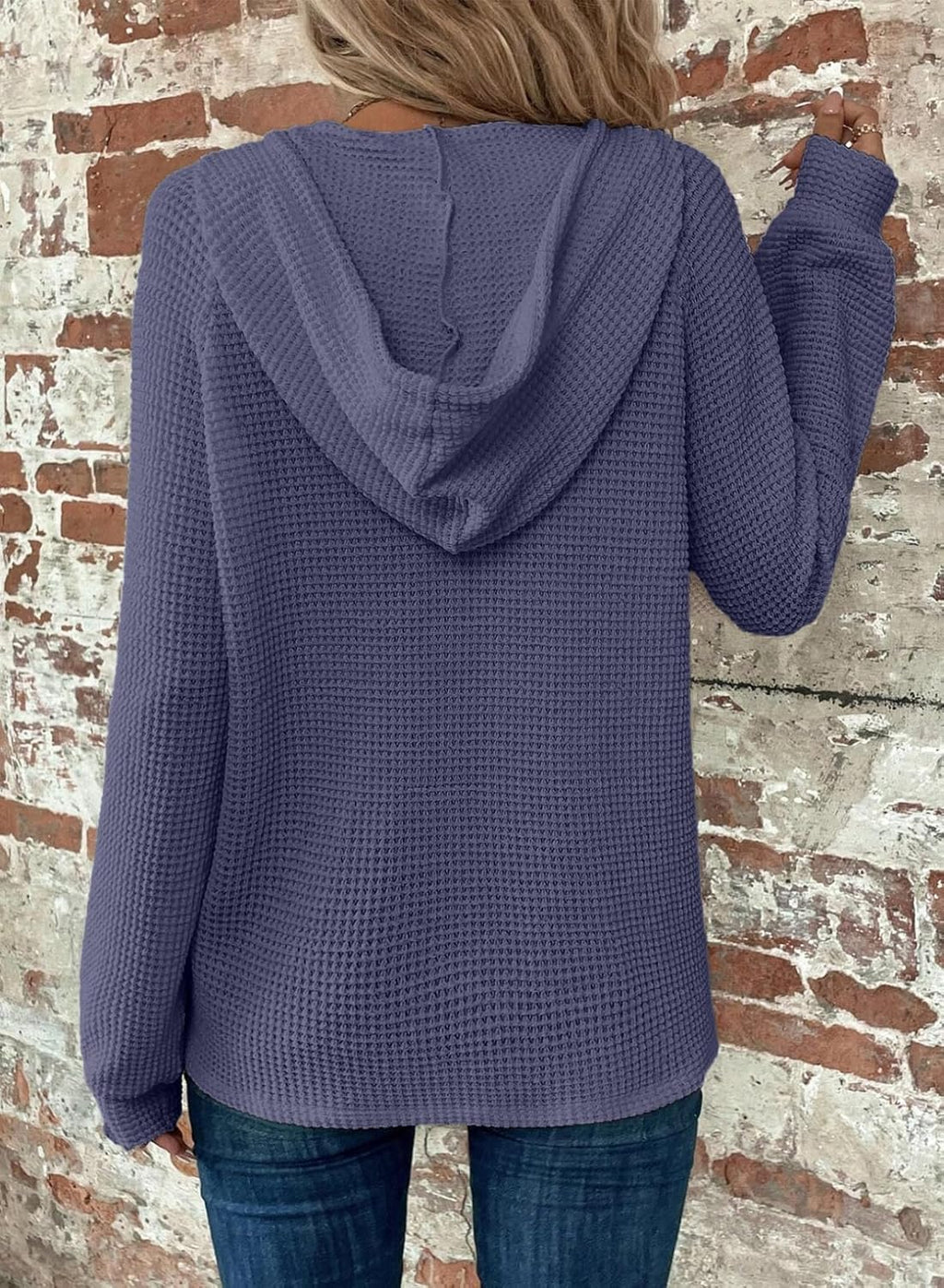 Hoodies for Women Waffle Knit Long Sleeve Drawstring Button V Neck Casual Pullover Sweatshirt Hooded Tops