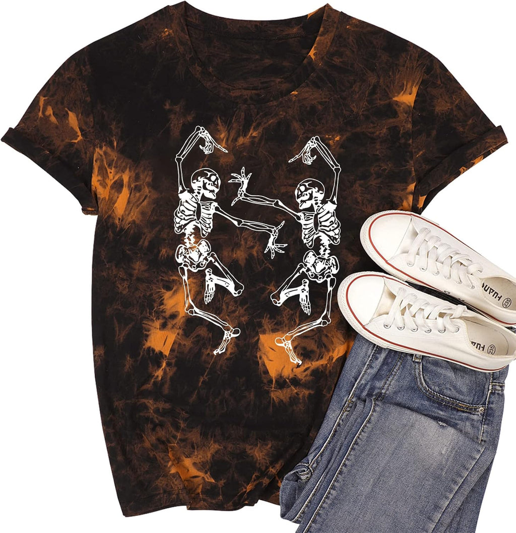 Dancing Skeleton Shirt for Women Happy Halloween T-Shirt Funny Skeleton Graphic Tees Tops Blouse Gift