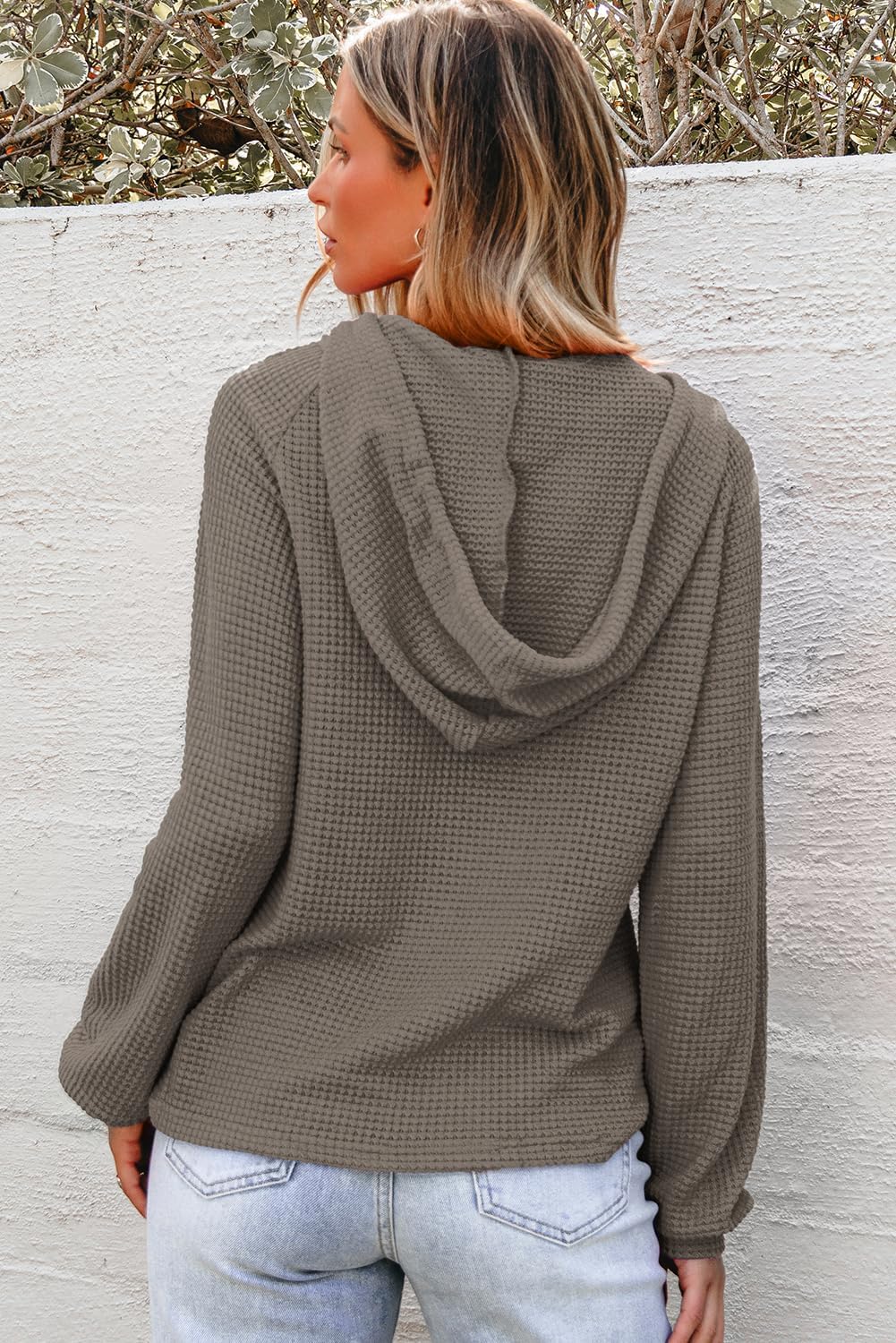 Hoodies for Women Waffle Knit Long Sleeve Drawstring Button V Neck Casual Pullover Sweatshirt Hooded Tops