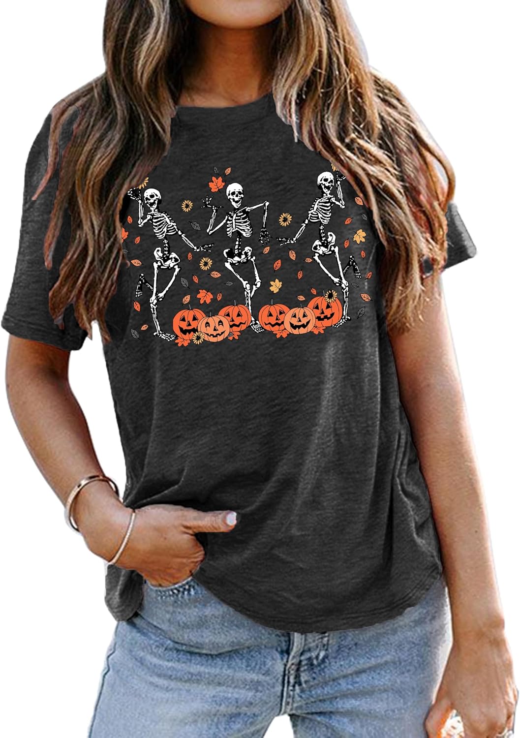 Dancing Skeleton Shirt for Women Happy Halloween T-Shirt Funny Skeleton Graphic Tees Tops Blouse Gift