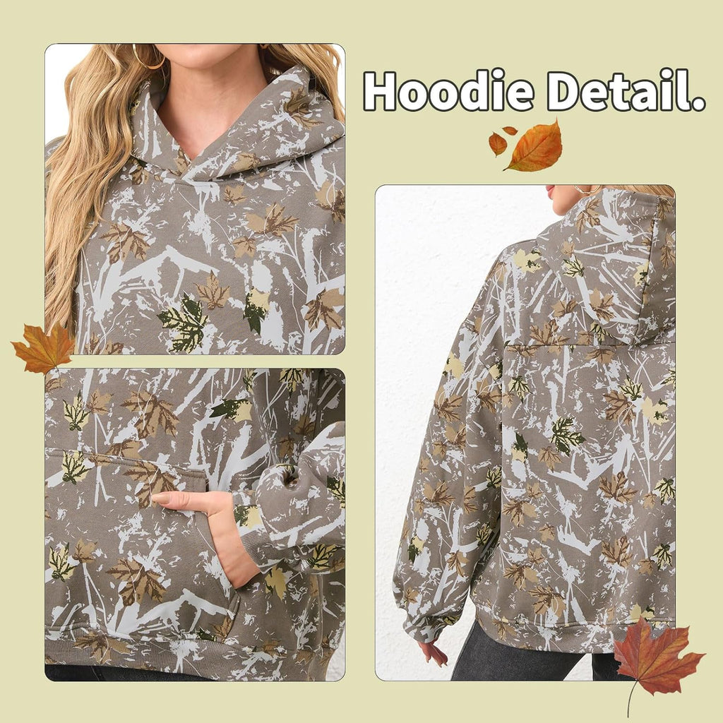 Womens Camo Hoodies Maple Leaf Print Oversized Hooded Sweatshirt Fleece Pullover Sweatshirts Long Sleeve with Pocket