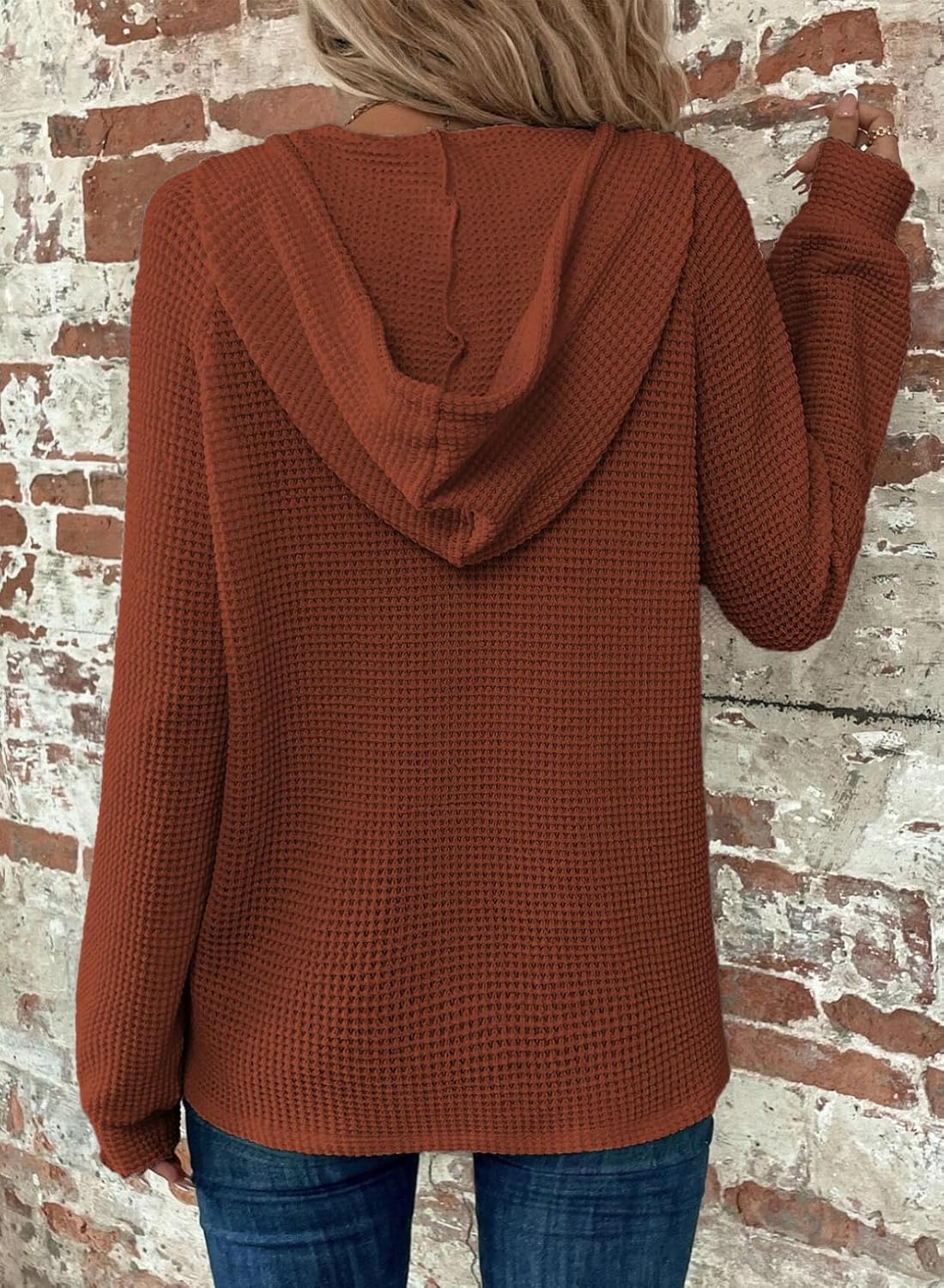 Hoodies for Women Waffle Knit Long Sleeve Drawstring Button V Neck Casual Pullover Sweatshirt Hooded Tops