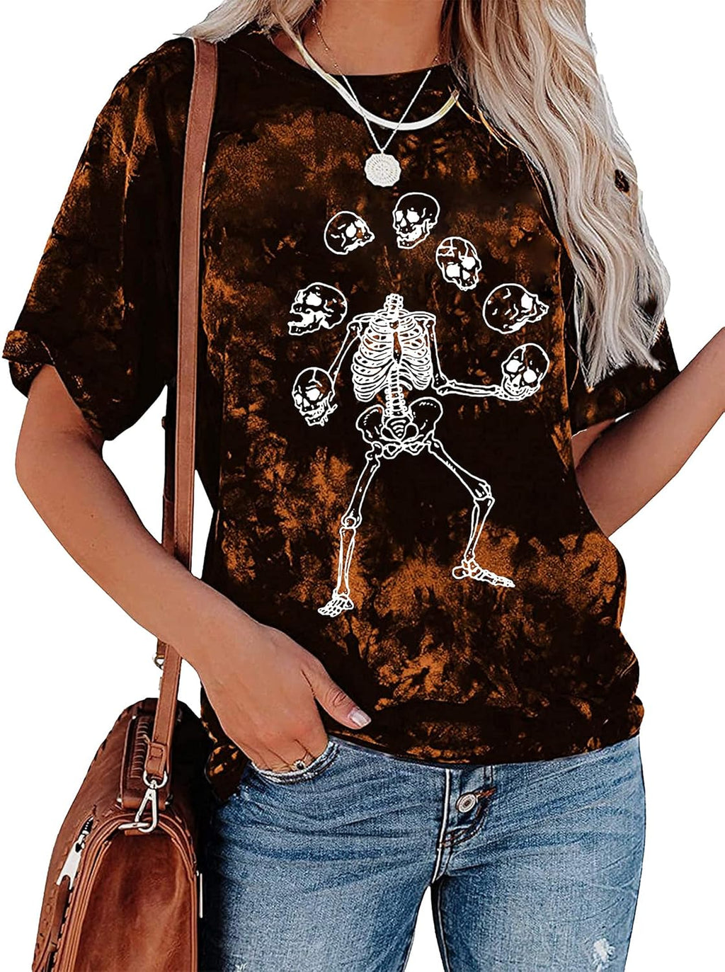 Dancing Skeleton Shirt for Women Happy Halloween T-Shirt Funny Skeleton Graphic Tees Tops Blouse Gift