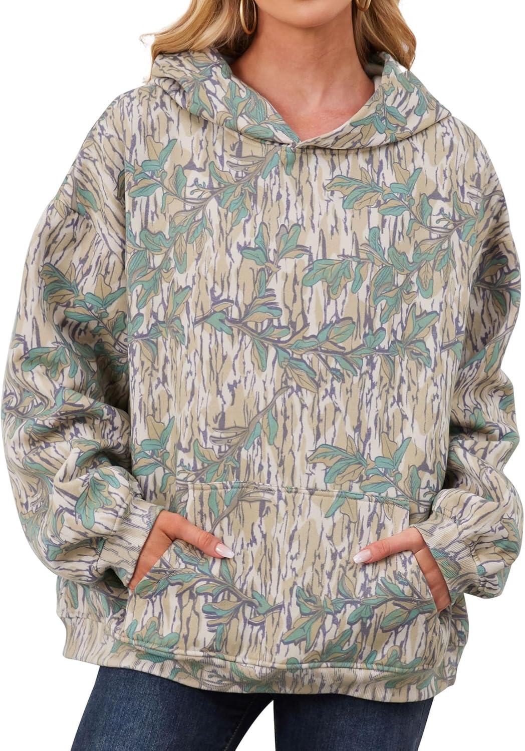 Womens Camo Hoodies Maple Leaf Print Oversized Hooded Sweatshirt Fleece Pullover Sweatshirts Long Sleeve with Pocket