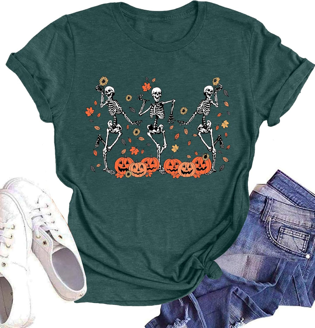 Dancing Skeleton Shirt for Women Happy Halloween T-Shirt Funny Skeleton Graphic Tees Tops Blouse Gift