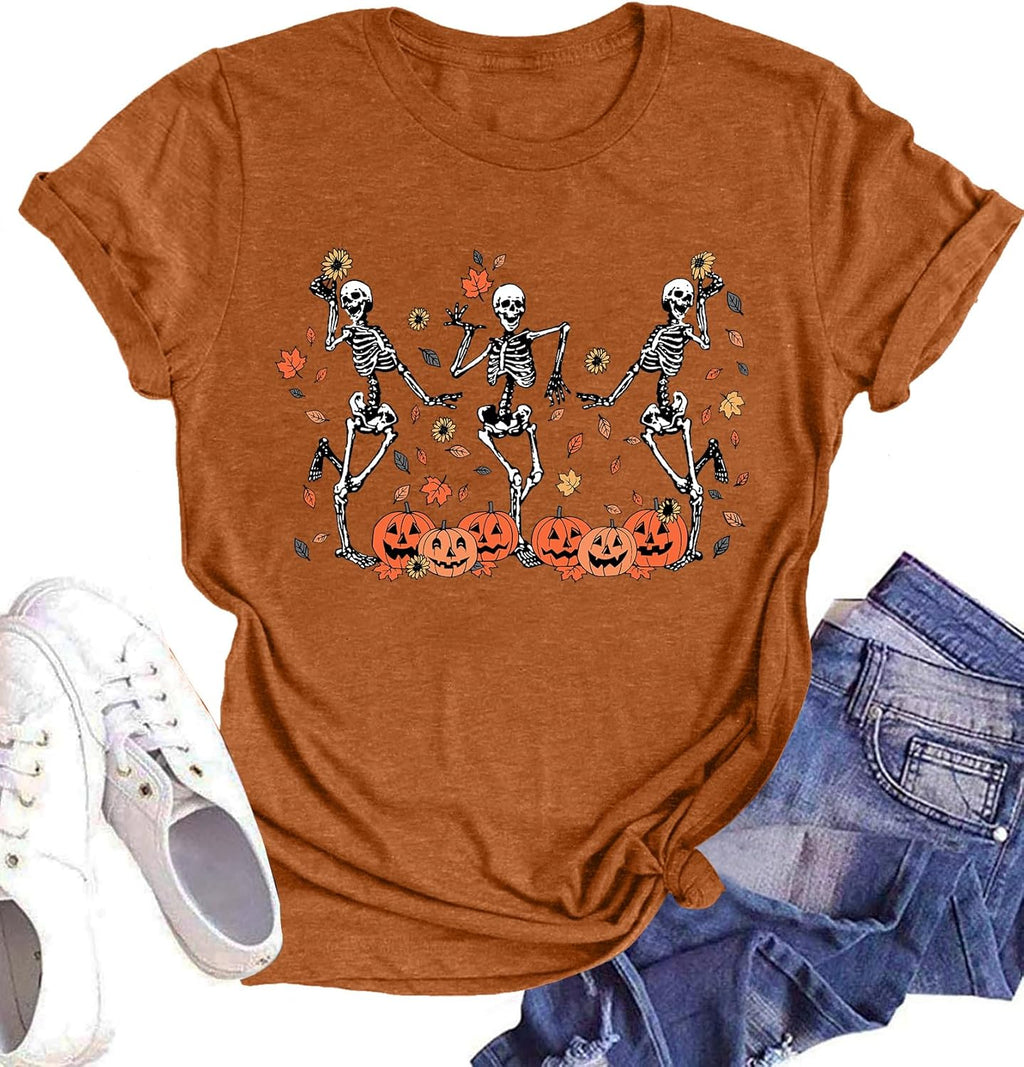 Dancing Skeleton Shirt for Women Happy Halloween T-Shirt Funny Skeleton Graphic Tees Tops Blouse Gift