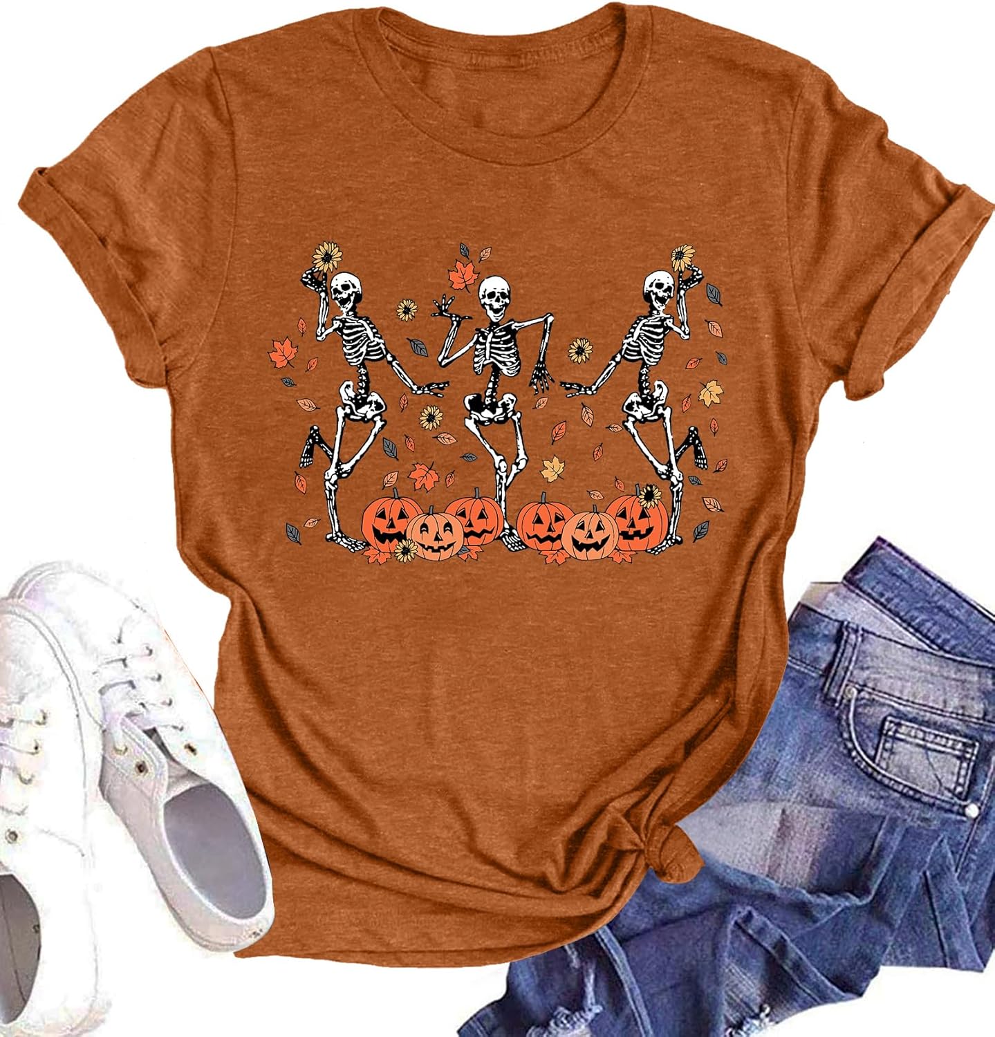 Dancing Skeleton Shirt for Women Happy Halloween T-Shirt Funny Skeleton Graphic Tees Tops Blouse Gift