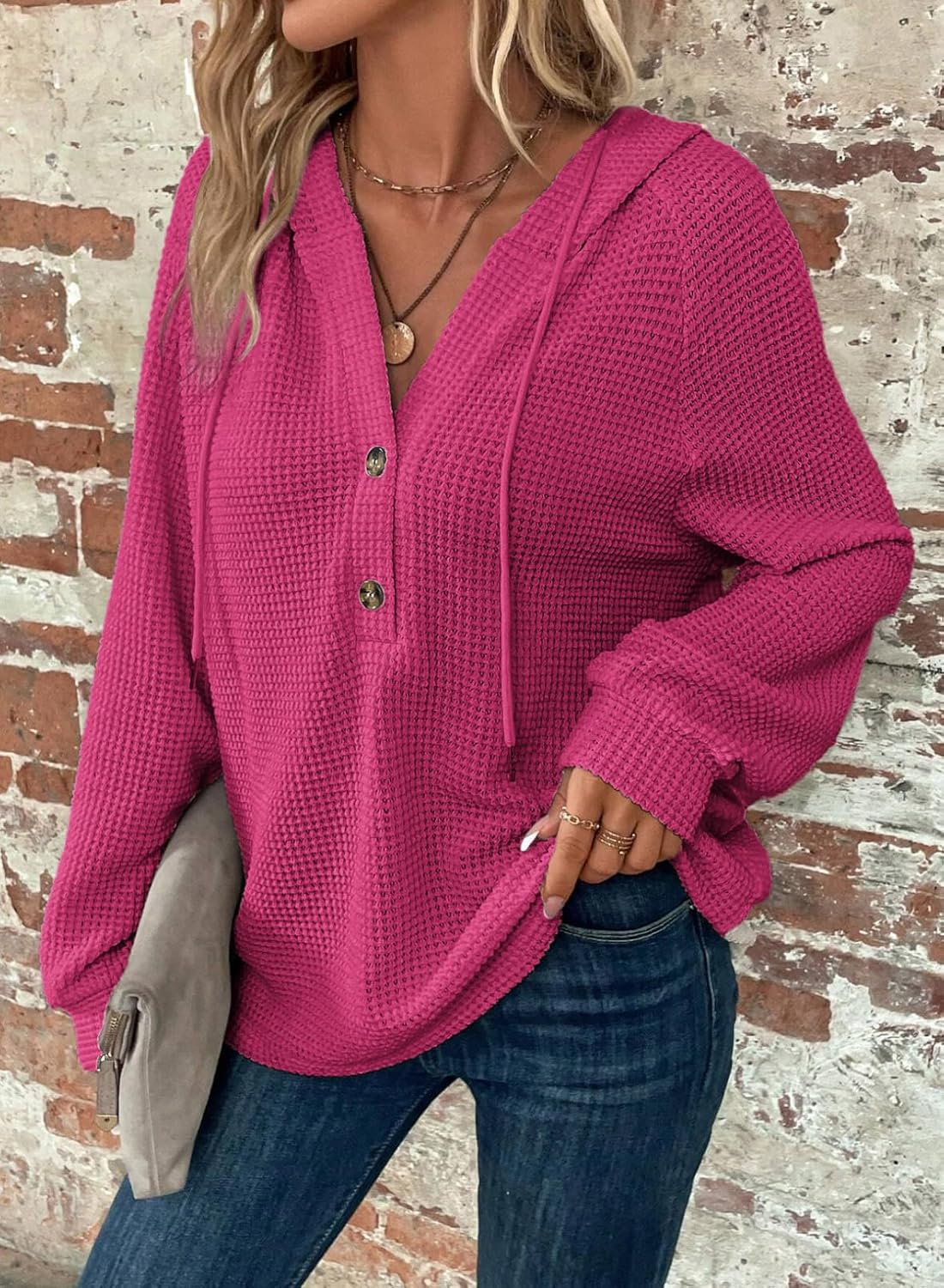 Hoodies for Women Waffle Knit Long Sleeve Drawstring Button V Neck Casual Pullover Sweatshirt Hooded Tops