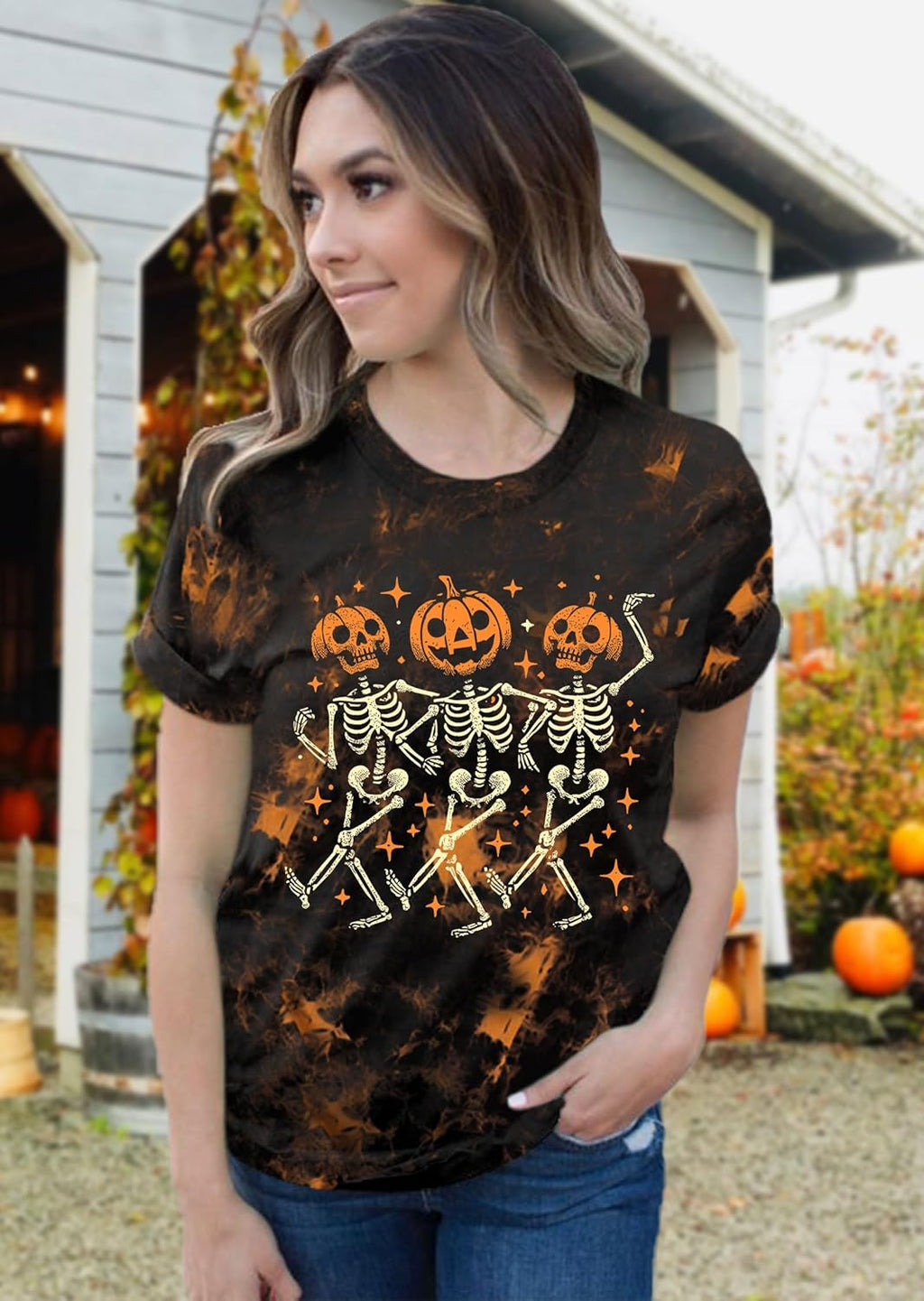 Dancing Skeleton Shirt for Women Happy Halloween T-Shirt Funny Skeleton Graphic Tees Tops Blouse Gift