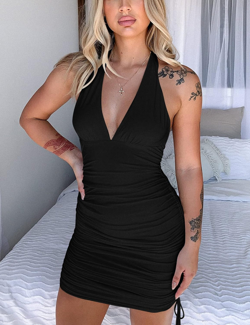 Women's Sexy Halter Bodycon V Neck Backless Ruched Drawstring Mini Club Party Dresses