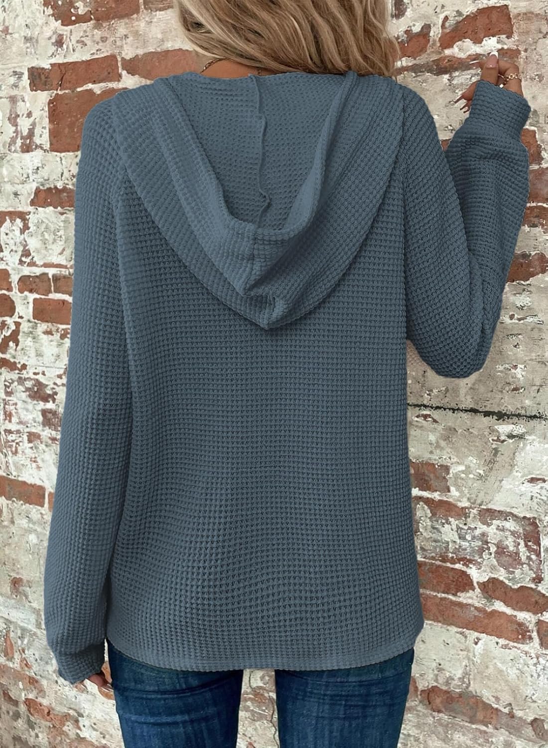 Hoodies for Women Waffle Knit Long Sleeve Drawstring Button V Neck Casual Pullover Sweatshirt Hooded Tops