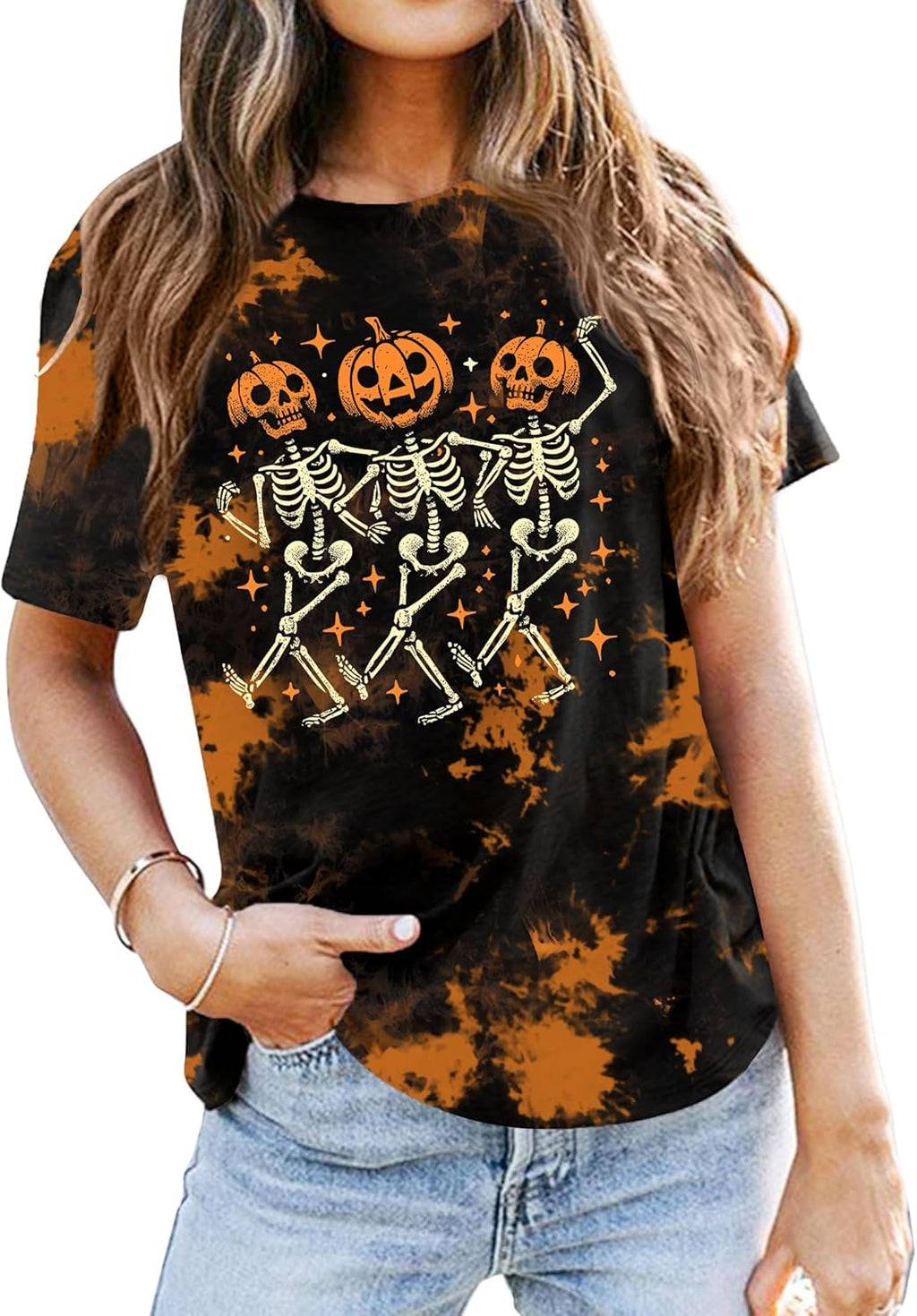 Dancing Skeleton Shirt for Women Happy Halloween T-Shirt Funny Skeleton Graphic Tees Tops Blouse Gift
