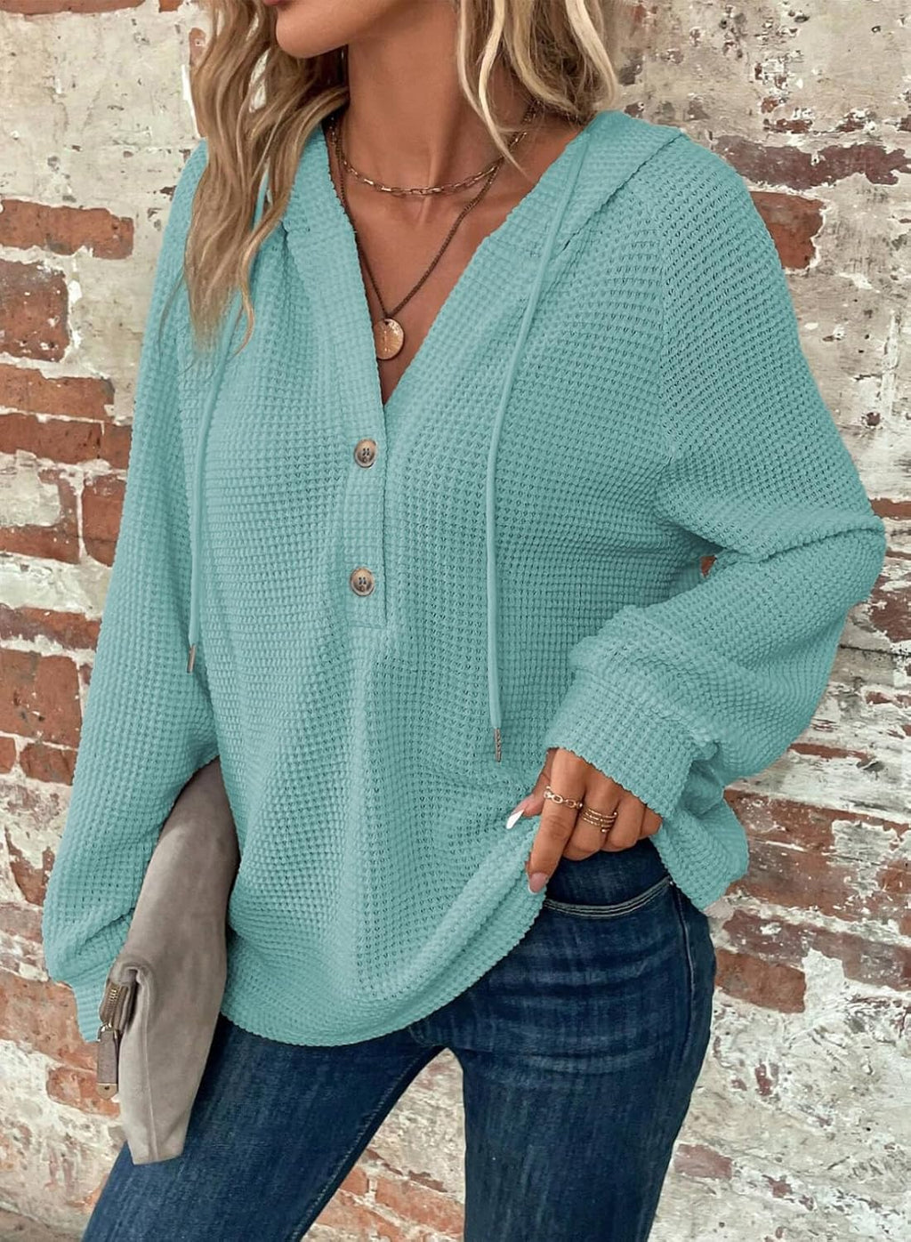 Hoodies for Women Waffle Knit Long Sleeve Drawstring Button V Neck Casual Pullover Sweatshirt Hooded Tops