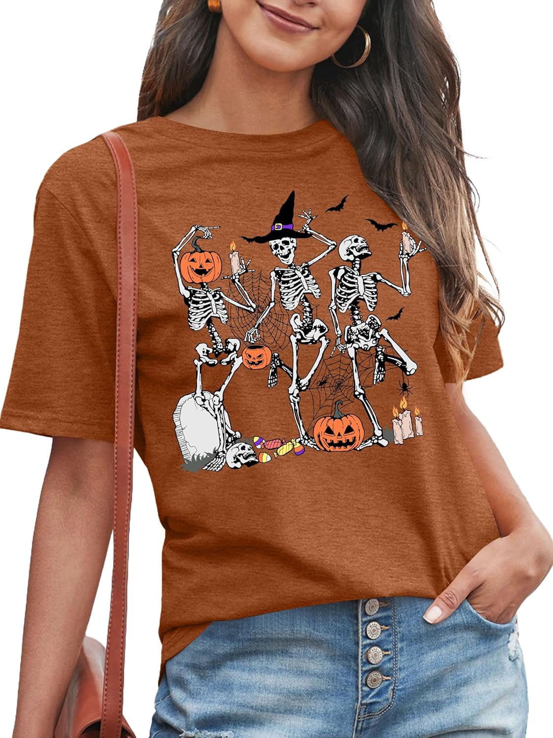 Dancing Skeleton Shirt for Women Happy Halloween T-Shirt Funny Skeleton Graphic Tees Tops Blouse Gift