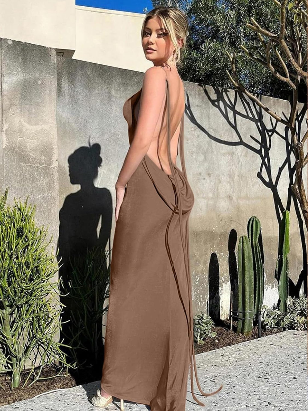 Slip Bodycon Dresses for Women Spaghetti Strap Lace Up Backless Cowl Neck Maxi Mermaid Cocktail Party Dress