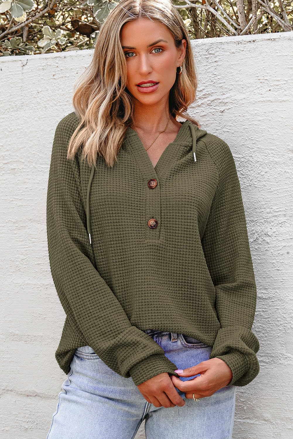 Hoodies for Women Waffle Knit Long Sleeve Drawstring Button V Neck Casual Pullover Sweatshirt Hooded Tops