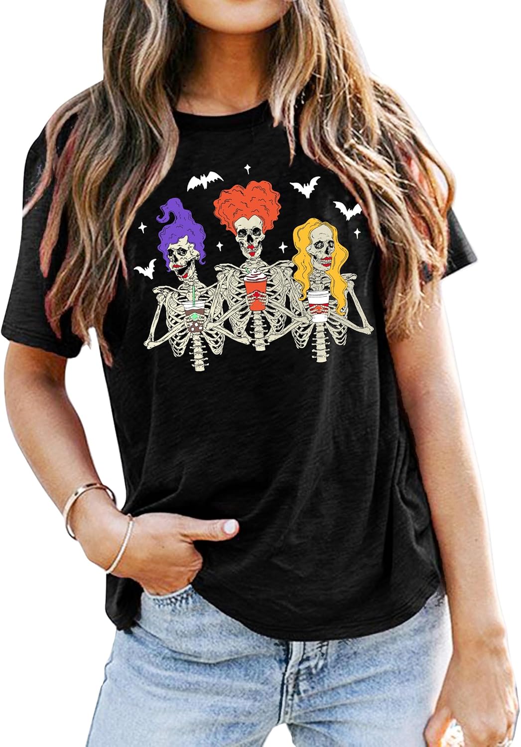 Dancing Skeleton Shirt for Women Happy Halloween T-Shirt Funny Skeleton Graphic Tees Tops Blouse Gift