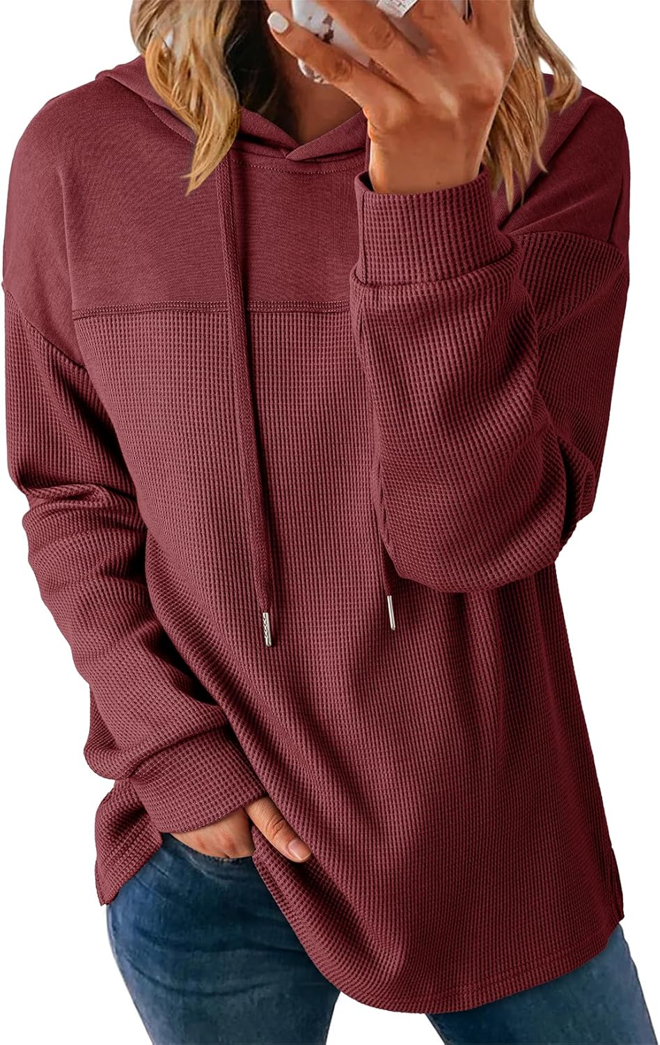 Womens Hoodies Casual Waffle Knit Long Sleeve Drawstring Pullover Sweatshirts Lightweight Hooded Tops