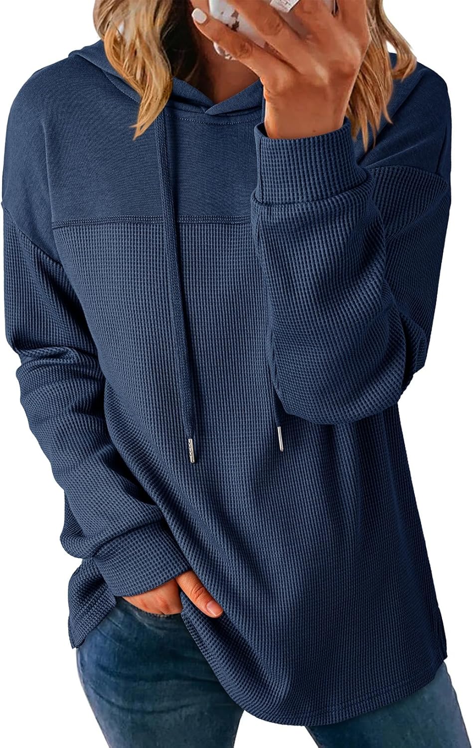 Womens Hoodies Casual Waffle Knit Long Sleeve Drawstring Pullover Sweatshirts Lightweight Hooded Tops