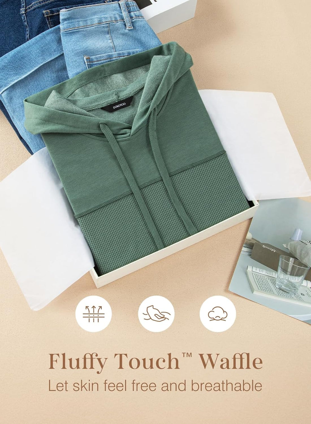 Womens Hoodies Casual Waffle Knit Long Sleeve Drawstring Pullover Sweatshirts Lightweight Hooded Tops