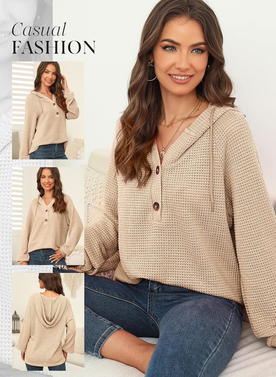 Hoodies for Women Waffle Knit Long Sleeve Drawstring Button V Neck Casual Pullover Sweatshirt Hooded Tops