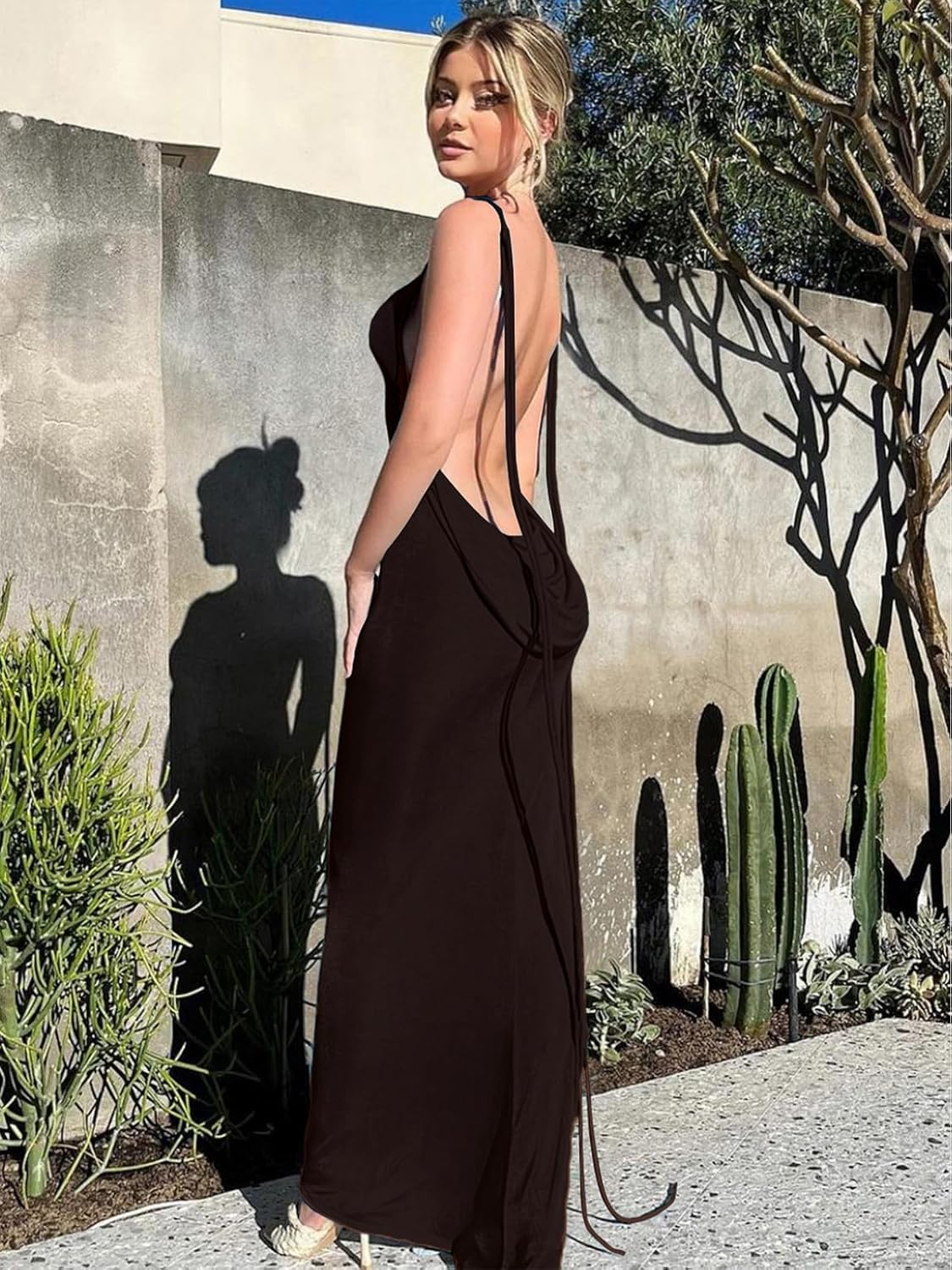 Slip Bodycon Dresses for Women Spaghetti Strap Lace Up Backless Cowl Neck Maxi Mermaid Cocktail Party Dress