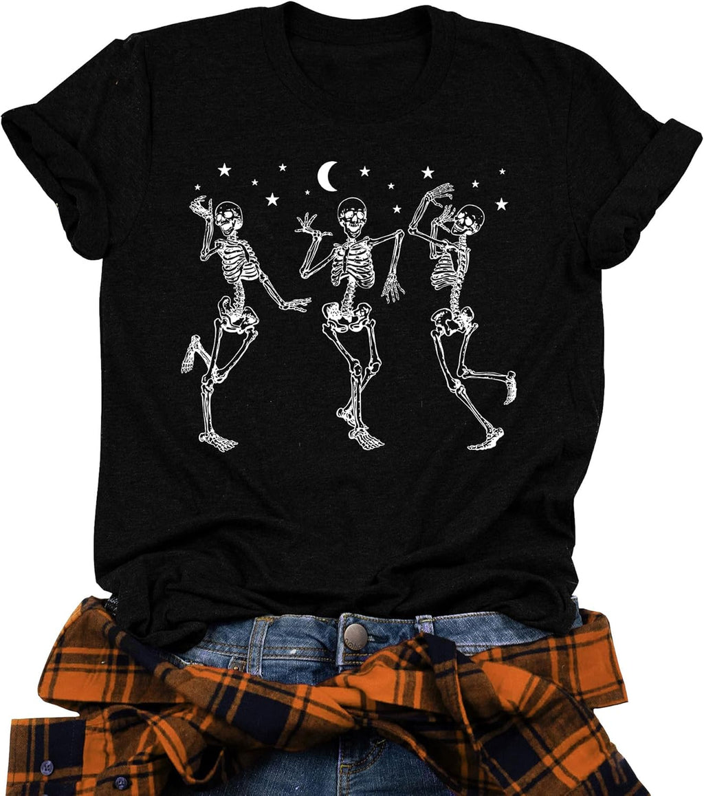 Dancing Skeleton Shirt for Women Happy Halloween T-Shirt Funny Skeleton Graphic Tees Tops Blouse Gift