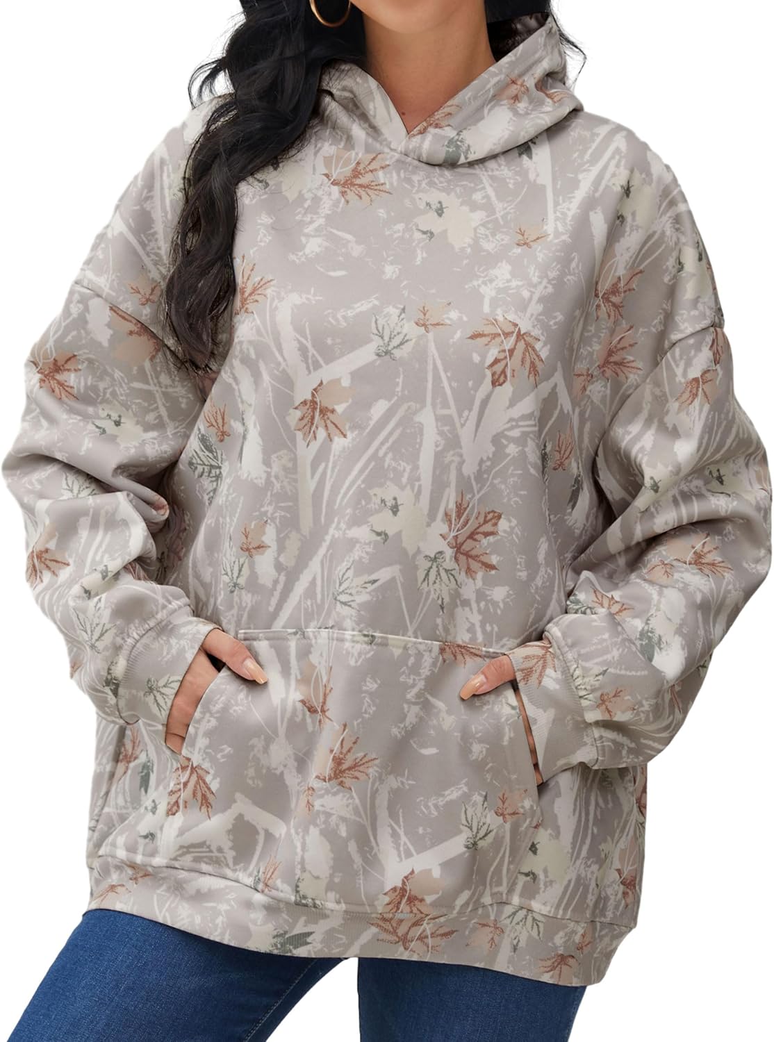 Womens Camo Hoodies Maple Leaf Print Oversized Hooded Sweatshirt Fleece Pullover Sweatshirts Long Sleeve with Pocket