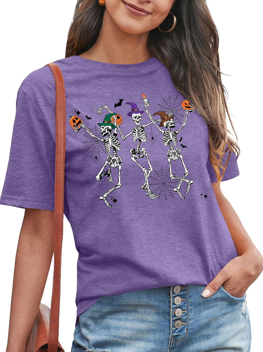 Dancing Skeleton Shirt for Women Happy Halloween T-Shirt Funny Skeleton Graphic Tees Tops Blouse Gift