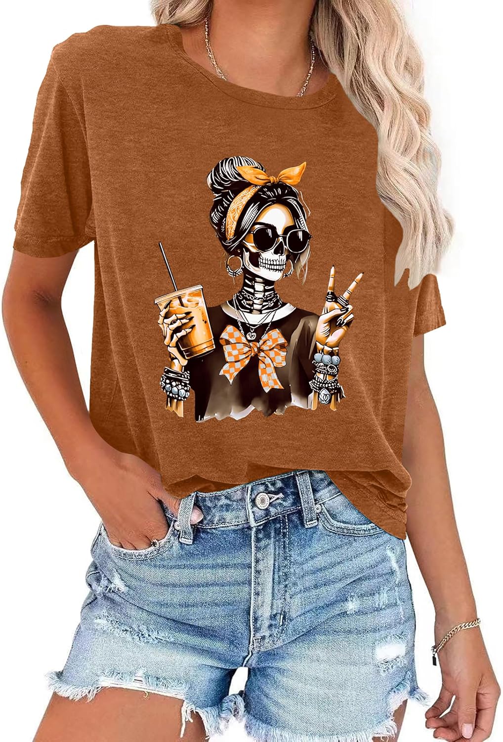 Dancing Skeleton Shirt for Women Happy Halloween T-Shirt Funny Skeleton Graphic Tees Tops Blouse Gift
