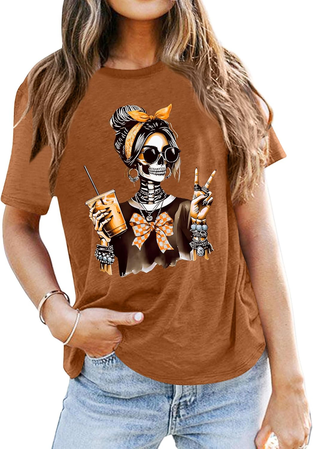 Dancing Skeleton Shirt for Women Happy Halloween T-Shirt Funny Skeleton Graphic Tees Tops Blouse Gift