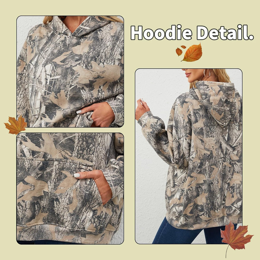 Womens Camo Hoodies Maple Leaf Print Oversized Hooded Sweatshirt Fleece Pullover Sweatshirts Long Sleeve with Pocket