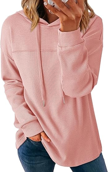 Womens Hoodies Casual Waffle Knit Long Sleeve Drawstring Pullover Sweatshirts Lightweight Hooded Tops