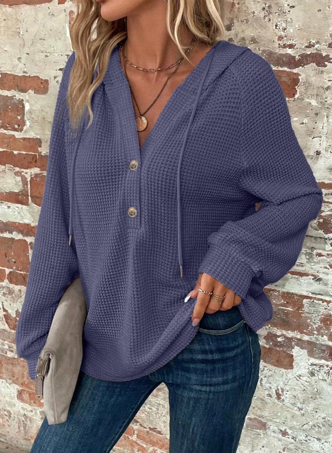 Hoodies for Women Waffle Knit Long Sleeve Drawstring Button V Neck Casual Pullover Sweatshirt Hooded Tops