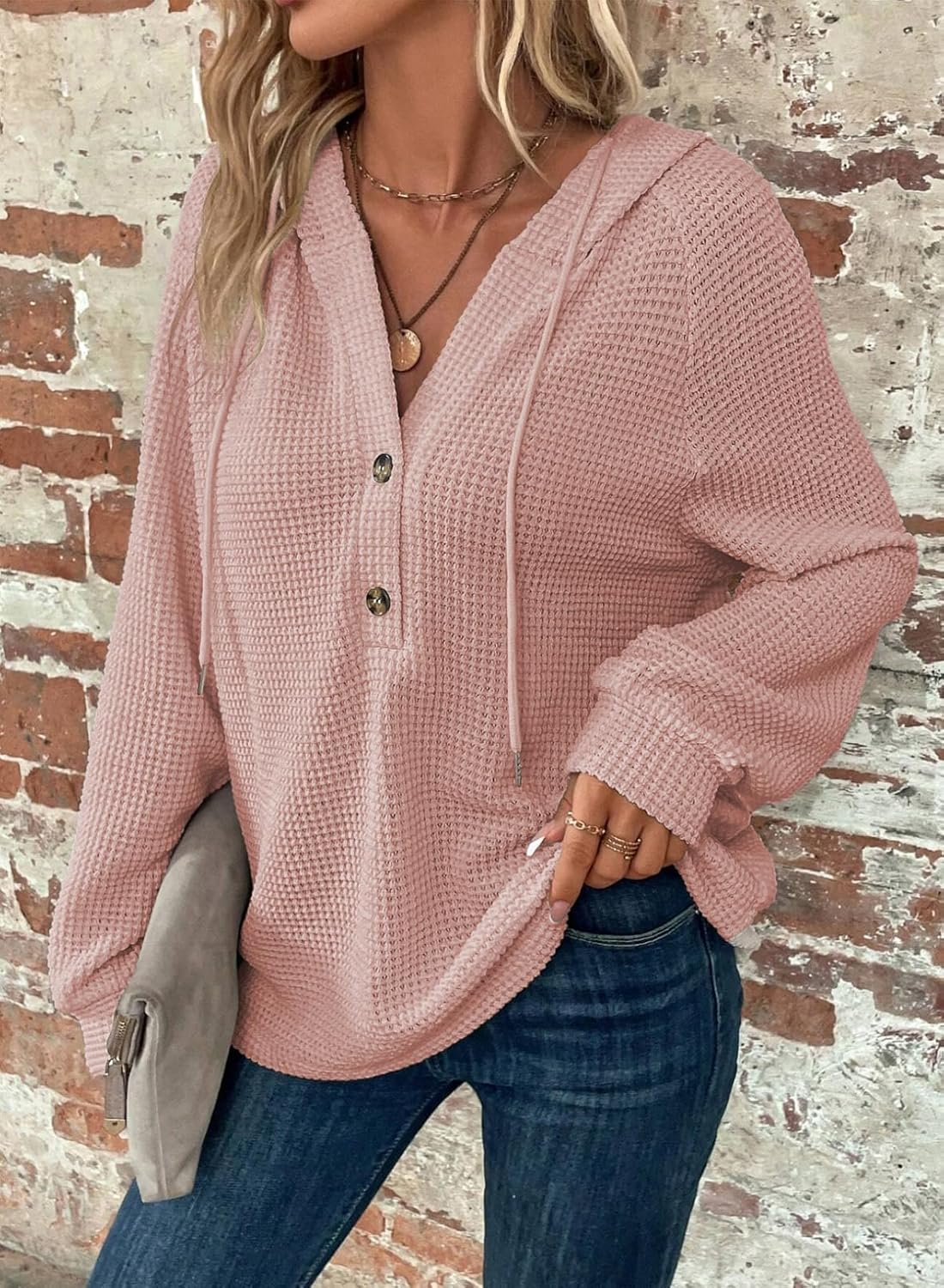 Hoodies for Women Waffle Knit Long Sleeve Drawstring Button V Neck Casual Pullover Sweatshirt Hooded Tops