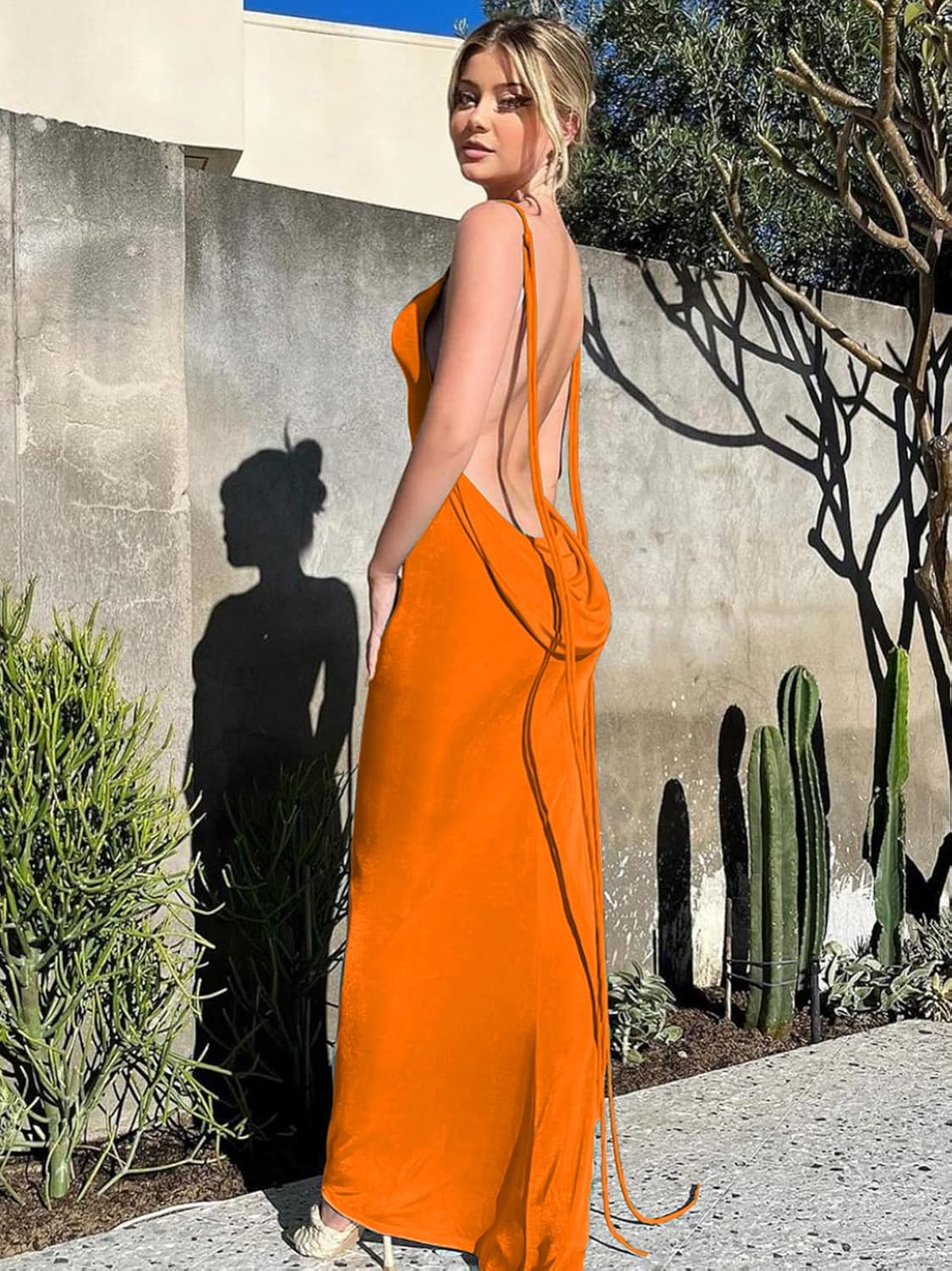 Slip Bodycon Dresses for Women Spaghetti Strap Lace Up Backless Cowl Neck Maxi Mermaid Cocktail Party Dress