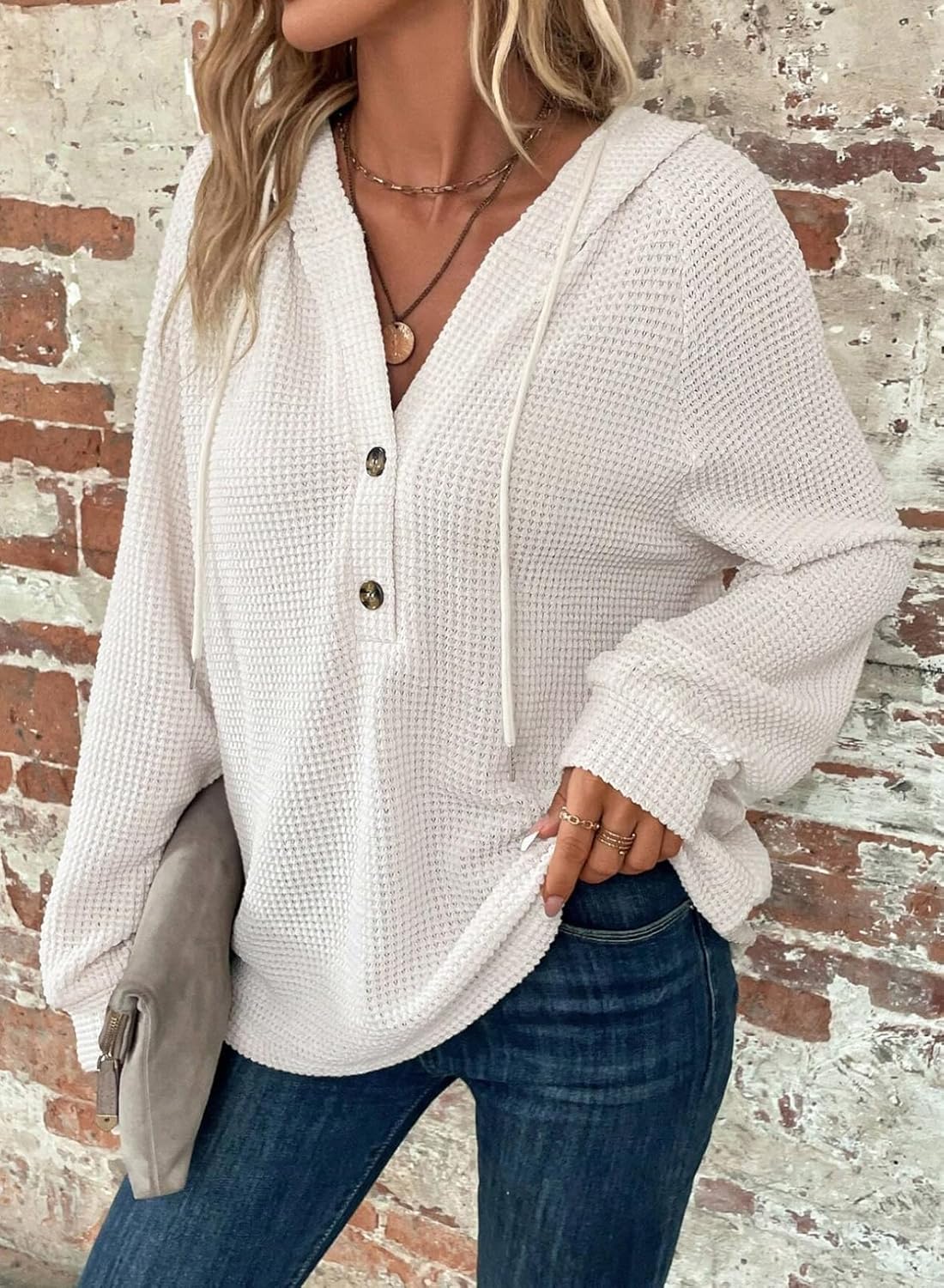 Hoodies for Women Waffle Knit Long Sleeve Drawstring Button V Neck Casual Pullover Sweatshirt Hooded Tops