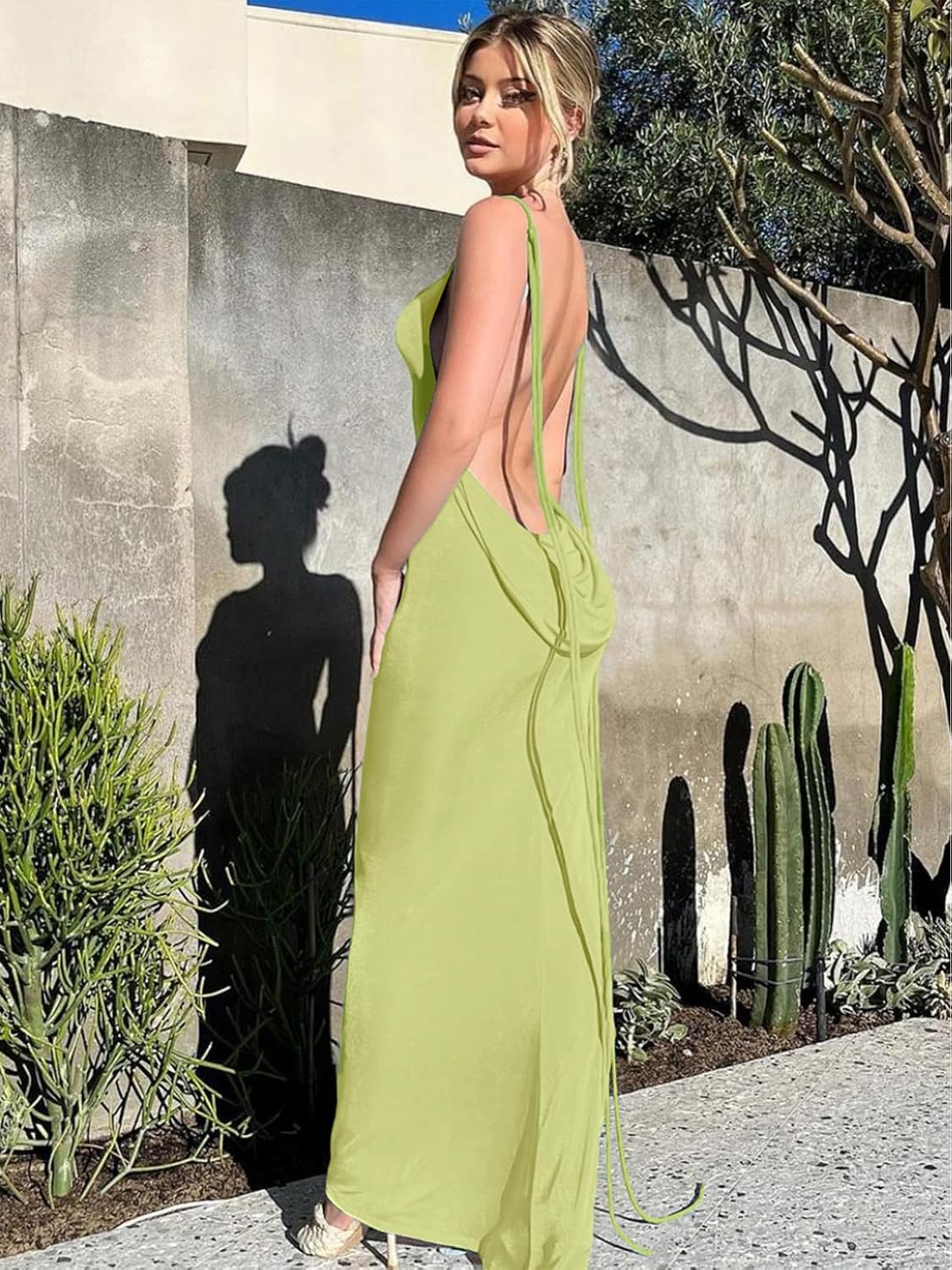 Slip Bodycon Dresses for Women Spaghetti Strap Lace Up Backless Cowl Neck Maxi Mermaid Cocktail Party Dress