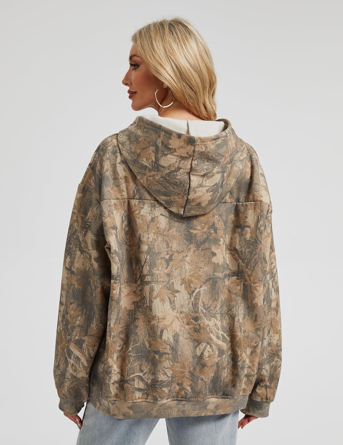 Womens Camo Hoodies Maple Leaf Print Oversized Hooded Sweatshirt Fleece Pullover Sweatshirts Long Sleeve with Pocket