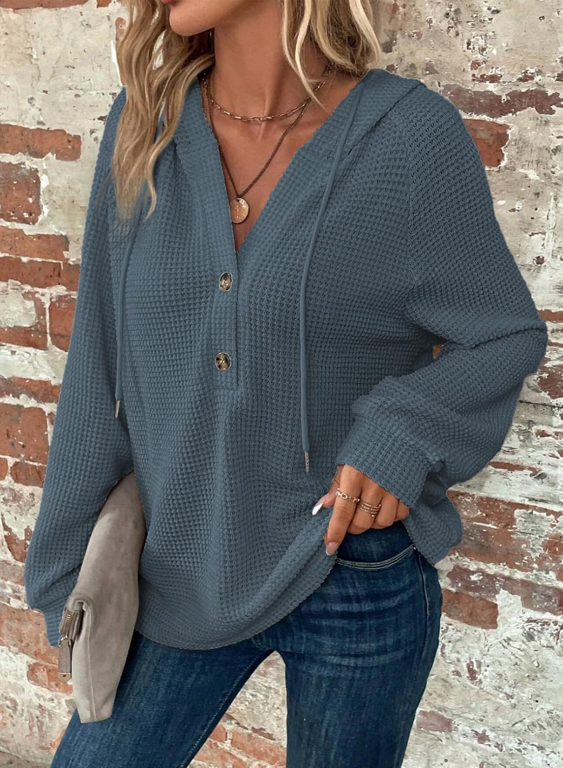 Hoodies for Women Waffle Knit Long Sleeve Drawstring Button V Neck Casual Pullover Sweatshirt Hooded Tops